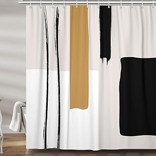 Abstract Modern Shower Curtain for Bathroom, Cute Geometric Minimalist Black and White Fabric Shower Curtains Set, Retro Beige Yellow Tan Mid Century Restroom Decor Accessories with Hooks 72X 72 Inche
