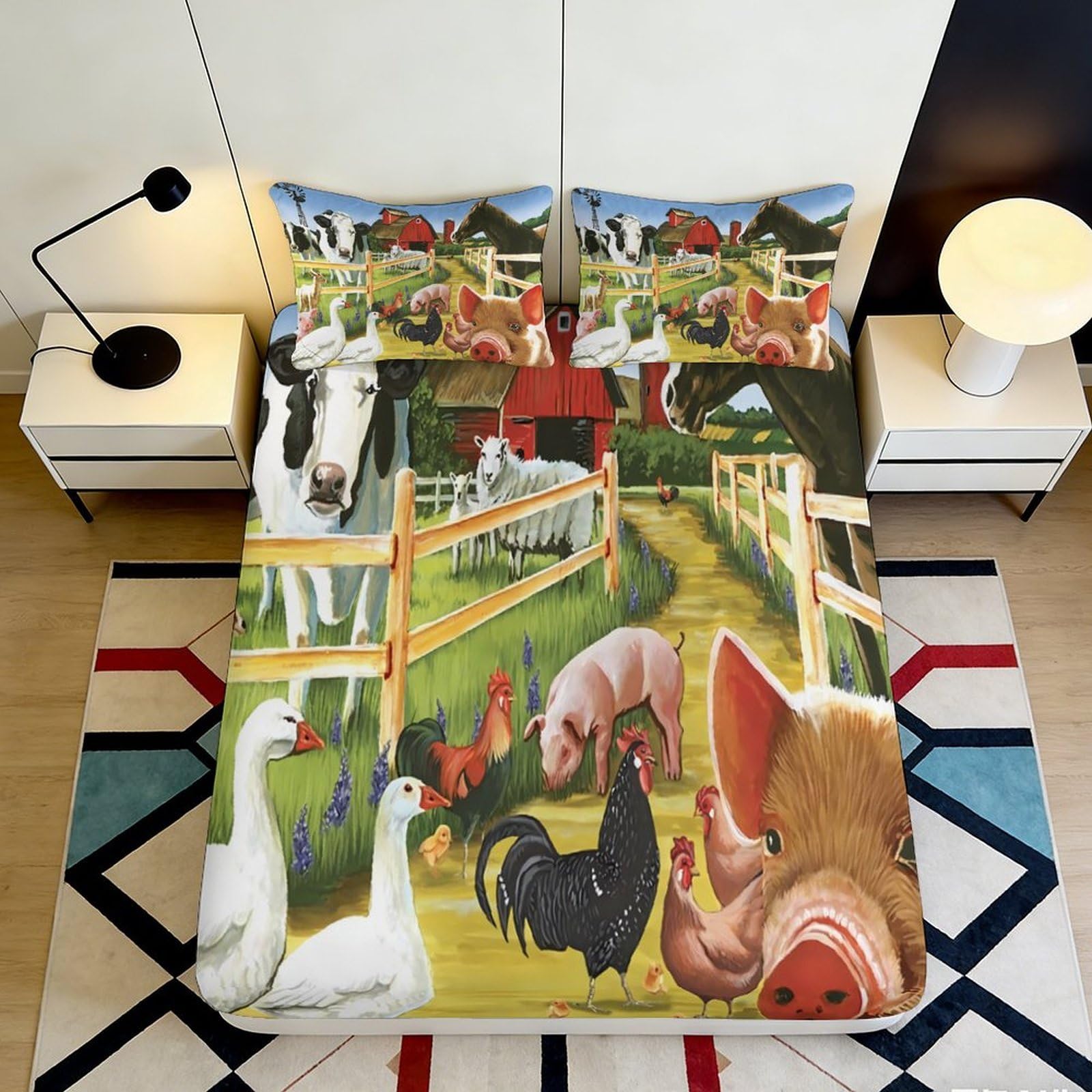 3D Printed Farm Animal Village Fitted Sheet Microfiber Soft Breathable Country Barn Mattress Cover for Bedroom Guest Room Decor 120x200x25cm