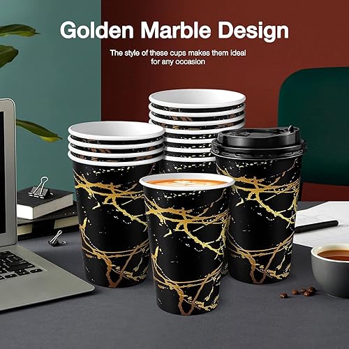 Miniatura 6 de Hommtina Tazas de café desechables con tapa con diseño de mármol dorado, juego de 74, taza de café de papel caliente de 16 onzas con tapas, para