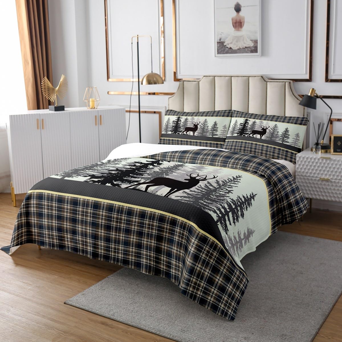 Deer Wildlife Quilt Bedding Set Queen Size,Deer Antler Pine Hunting Lodge Decor Bedspread Coverlet for Girls Teens,Animals Rustic Farmhouse Grid Plaid Soft Polyester Quilt Set, All Season