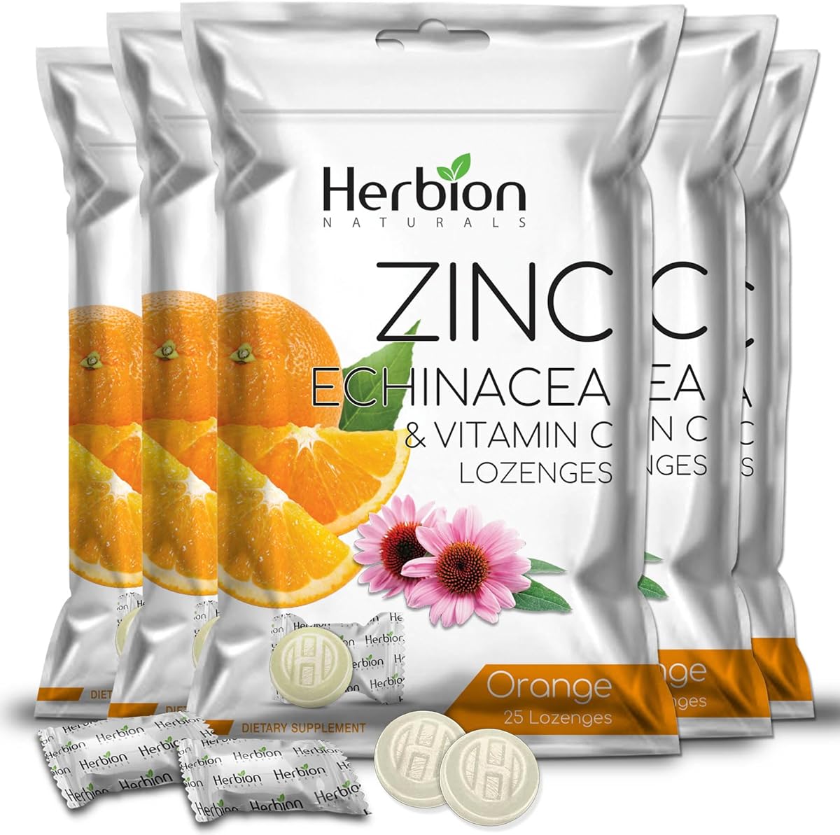 HERBION Naturals Zinc, Echinacea & Vitamin C Lozenges 25 CT - Dietary Supplement for Adults & Children 5+ - Promotes Wellness for The Whole Family, 125 Count (Pack of 5), Orange