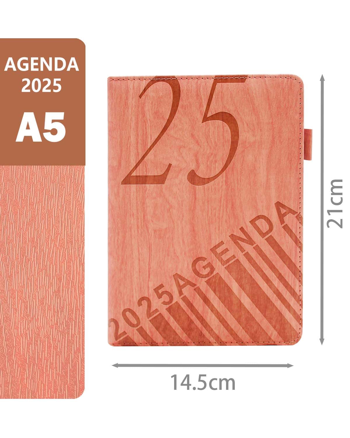 HW CASA Agenda Giornaliera 2025 Taccuino,Formato A5,200 Pagine Agenda Giornaliera,Copertina in Pelle PU Goffrata con Venature del Legno,Design a Pagina Singola ed Etichette Mensili Colorate,Rosa