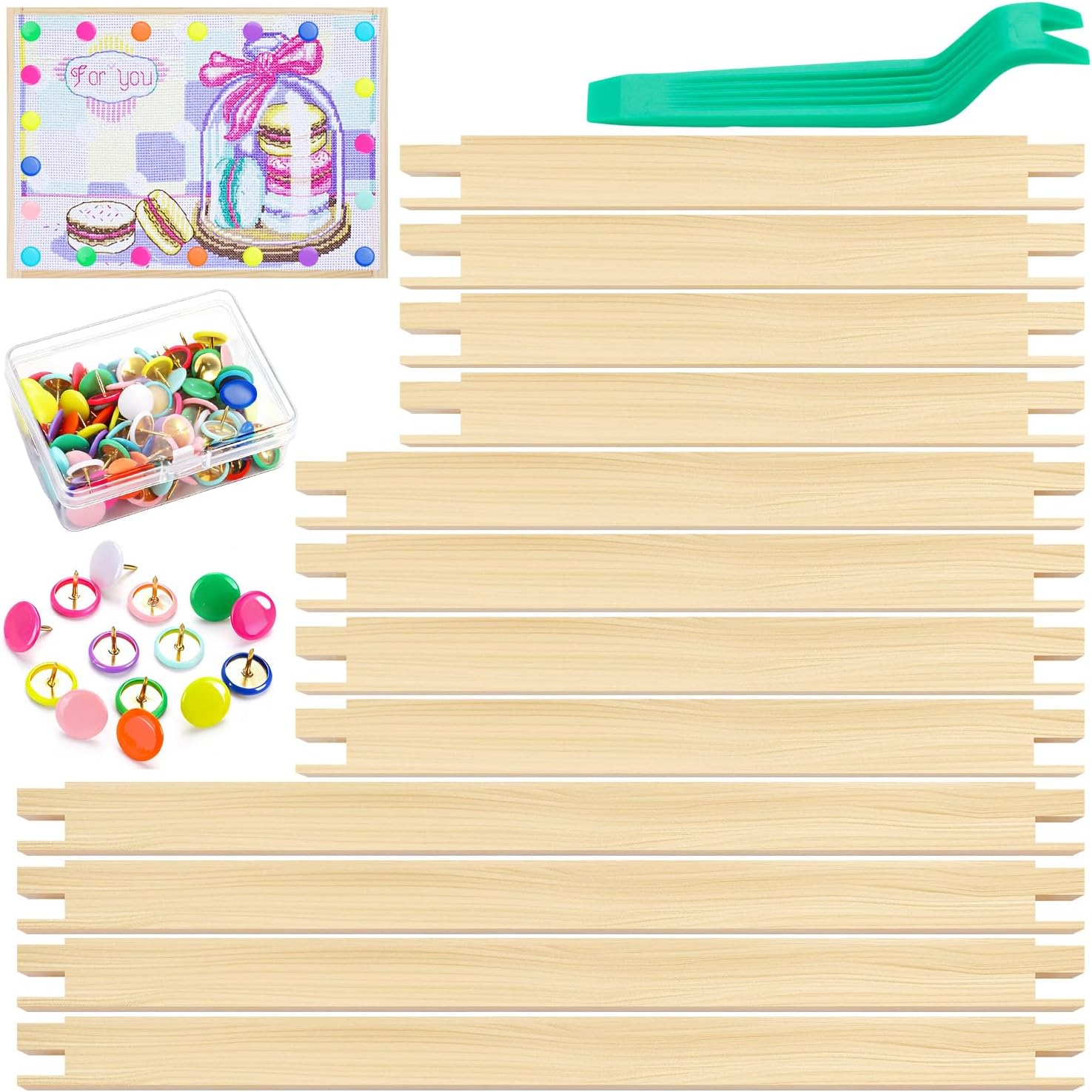 12 Pcs Needlepoint Stretcher Bars 3 Sizes for Needlework with 100 Thumb Tacks 1 Tacks Remover Wooden Canvas Stretcher Bars for Needlepoint Embroidery Stitch Frame Set Bundle with Crafts