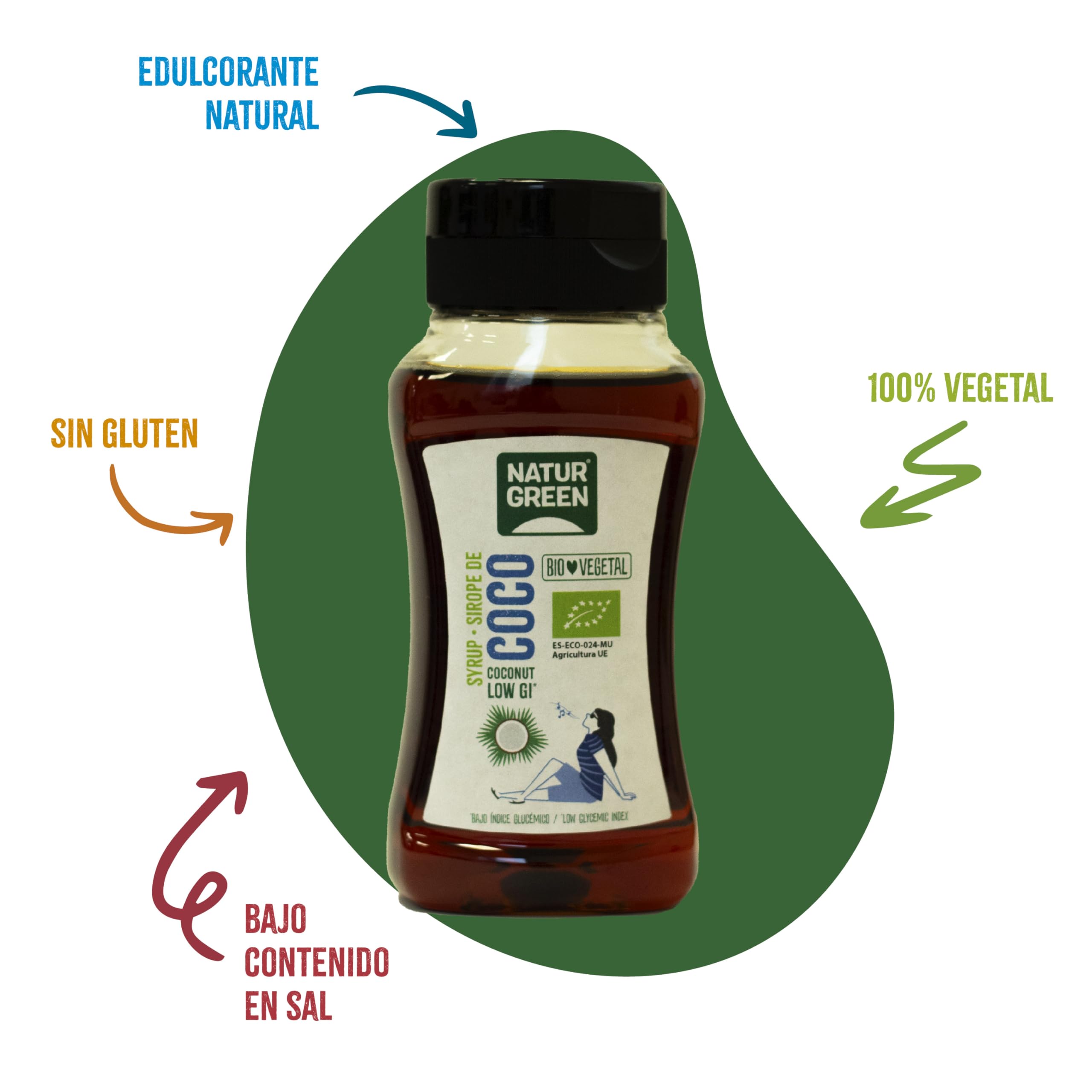 NaturGreen Sirope de Coco BIO Jarabe de Coco Dark Ecológico Bajo Índice Glucémico Edulcorante Vegano Sin Gluten - 255 ml/350g