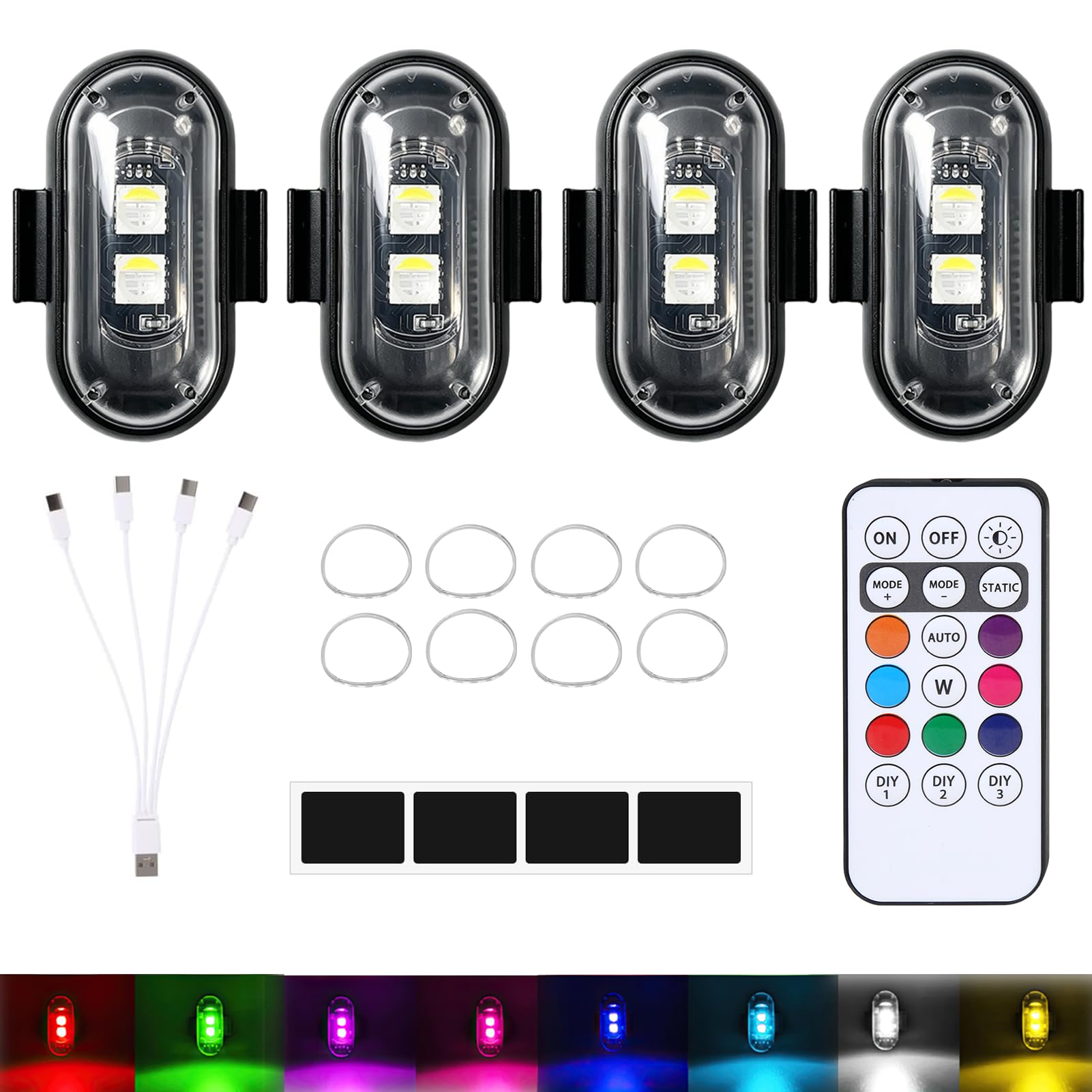 4 Pièces Luces Estroboscópicas LED Inalámbricas para Dron Coche Moto, LED Estroboscópico Luz Interior Coche con Mando a Distancia, 8 Colores y Modos de Flash, Carga USB Impermeable Anticolisión