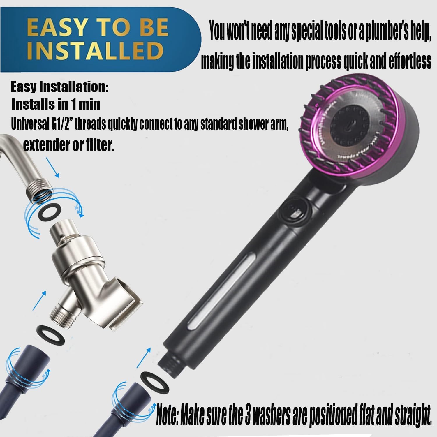 High Pressure Handheld Shower Head High Pressure Shower Heads- High Flow Even with Low Water Pressure - Hand Held Showerhead Set with 59″Replacement Hose/Bracket and Cotton Filters (Black)