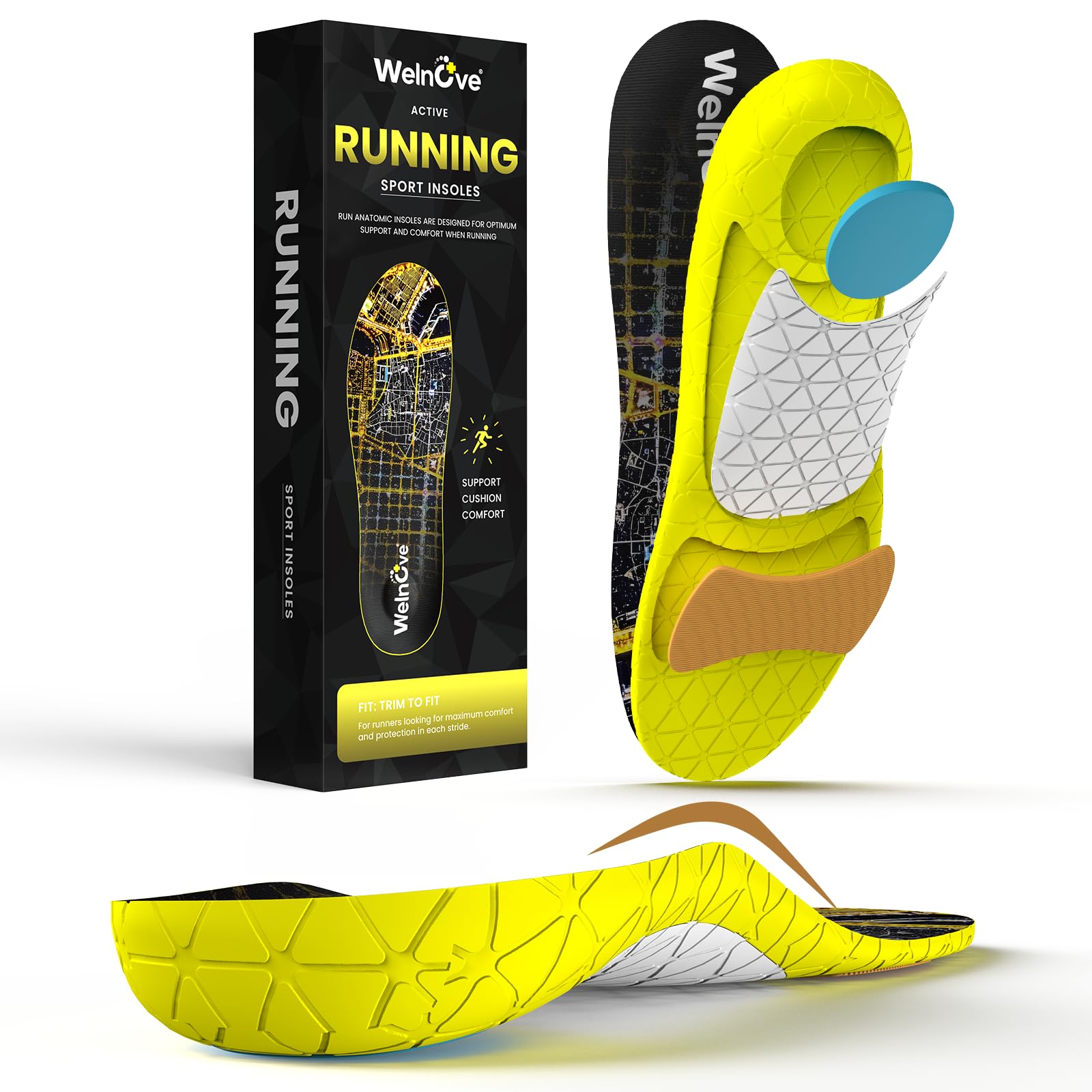 Running Sports Insoles Plantar Fasciitis - Welnove Athletic Inserts Arch Support for Flat Feet - Shock Absorption Insoles Foot Pain Fatigue Relief, Enhance Performance, Fit Most Shoes, Men Women (M)
