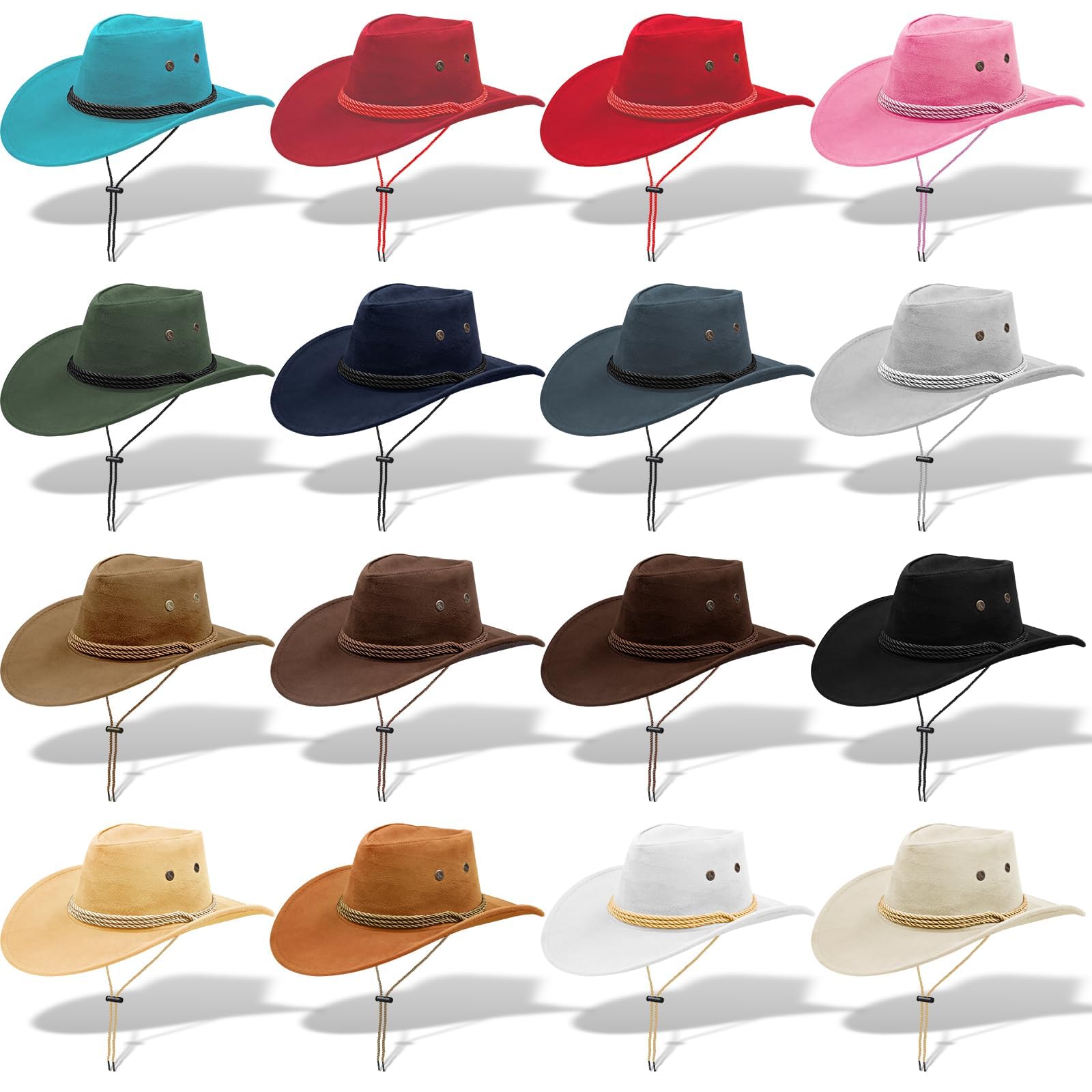 Juego de 16 sombreros de vaquero occidentales para hombre y mujer, coloridos sombreros de fiesta para carnaval, carnaval y disfraz de grupo, correa ajustable para la barbilla, ideal para el