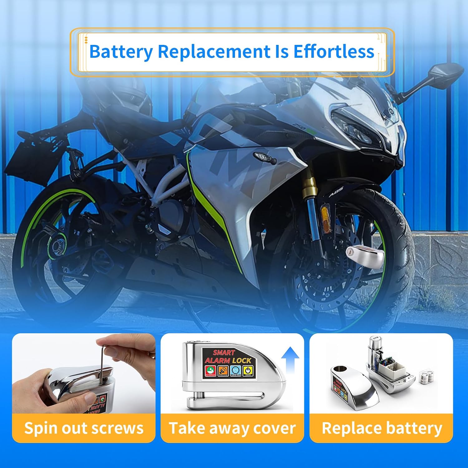 Anti-Theft and Alarm 110db Motorcycle Lock Fit for Motorcycle E-Bike Bicycle Scooter, 110db Alarm Disc Brake Lock, Waterproof Anti-Theft Aluminium Alloy Material with Two Keys (Silver)
