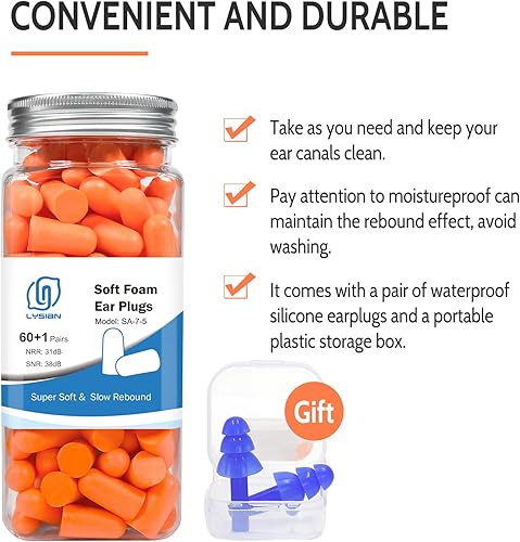 Miniatura 17 de Tapones para los oídos de espuma ultrasuave, 60 pares, 38dB SNR reducción de ruido para dormir, trabajo, viajes y disparos, (color azul agua)