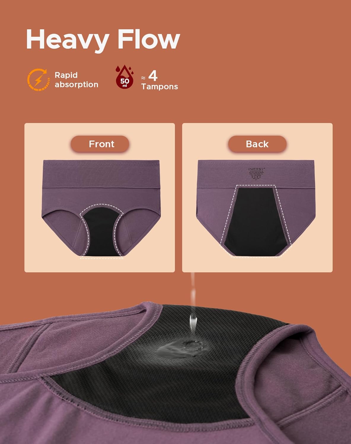 INNERSY Period Underwear for Women Heavy Flow High Waist Cotton Leak Proof Menstrual Panties 3-Pack - Image 3