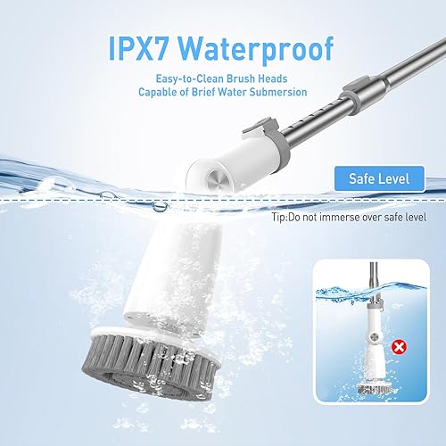 Miniatura 7 de Marchpower Limpiador eléctrico giratorio, cepillo de limpieza inalámbrico con 6 cabezales de cepillo reemplazables, 2 velocidades, mango desmontable