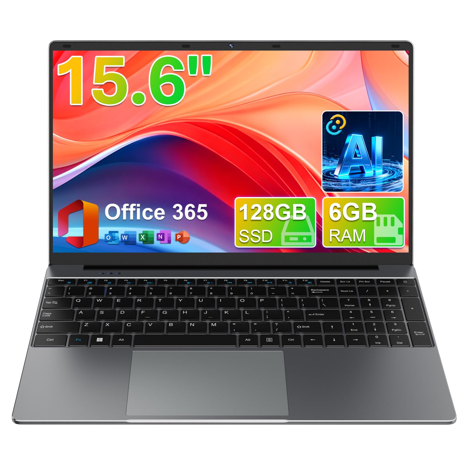 15.6" Laptop with AI Assistant, Office 365, 180° Rotating Gray