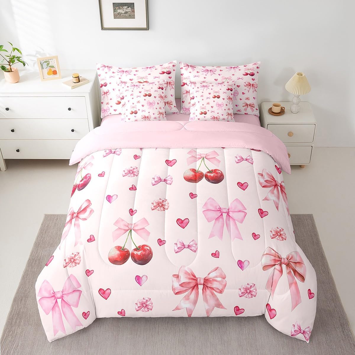 Erosebridal Cherry Bow Bedding Set Girls Pink Ribbon Bows Bed in A Bag Queen Comforter Set 7 Piece,Kawaii Princess Style Comforter and Sheets Romantic Bowknot Dreamy Aesthetic Kawaii Room Decor