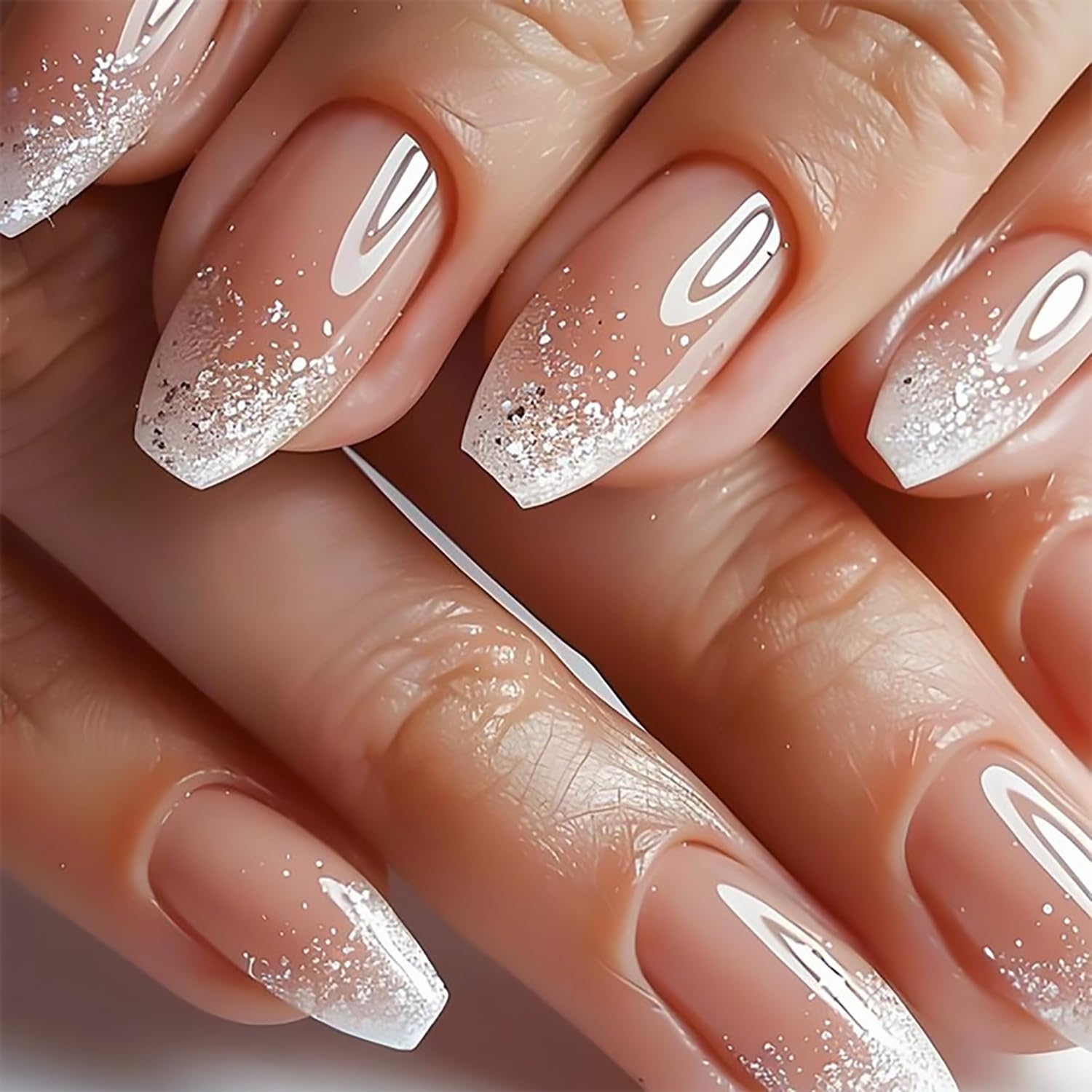Tyuimhx Silver Glitter French Tip Press on Nails Medium Coffin Fake Nails Gradient False Nails Glossy Full Cover Stick on Nails Ombre Glue on Nails