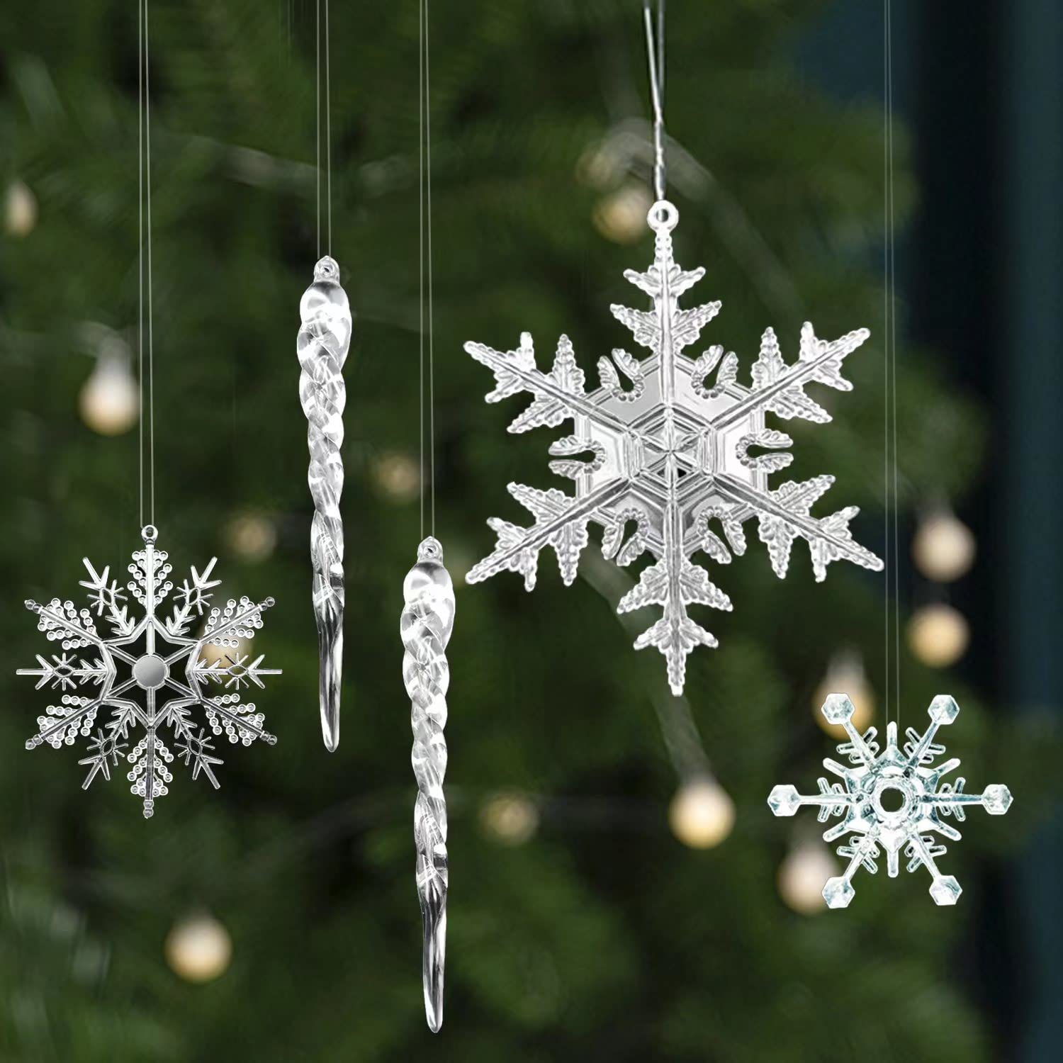 E-ASUM Christmas Snowflake Decorations,32pcs Icicles Ornaments Set Clear Snowflake Acrylic Christmas Tree Decorations for Santa Outdoor Party Decoration Craft Projects