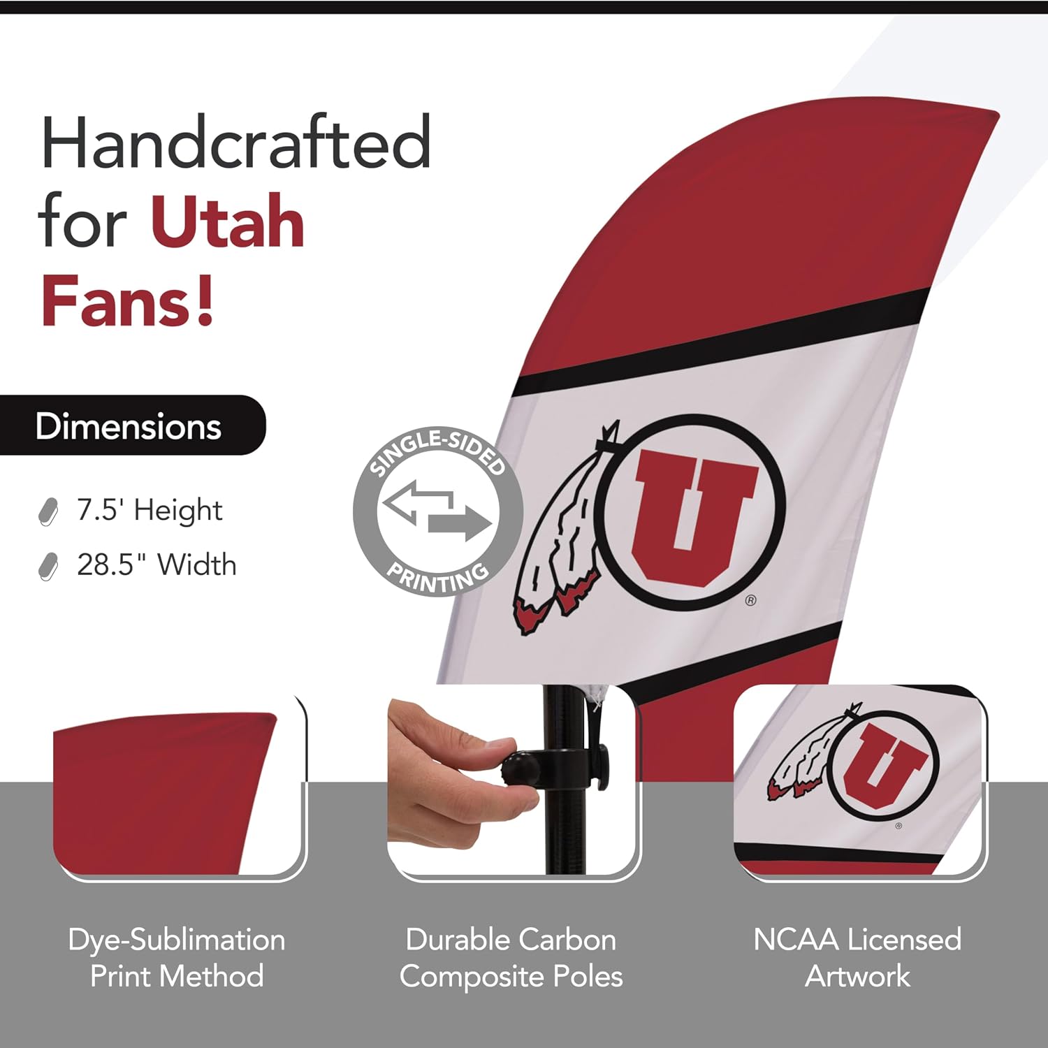 Utah Utes College Sports Printed Feather Flag - NCAA Licensed - Super Polyester - School Banner (Red, White, Black) (7.5' Spike Base)