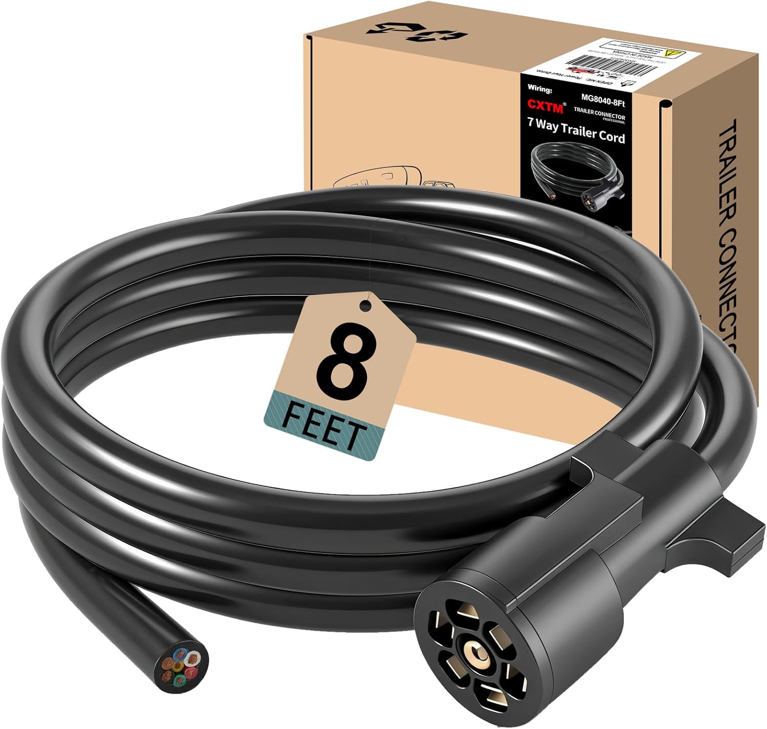 7 Way Trailer Cord, Heavy Duty 7 Way Trailer Plug Inline Cord Wire Harness Cable Double Prongs Connector 7 pin Trailer Wiring Harness 8 Feet for Camper Blade Molded RV Cable Wire(8ft)