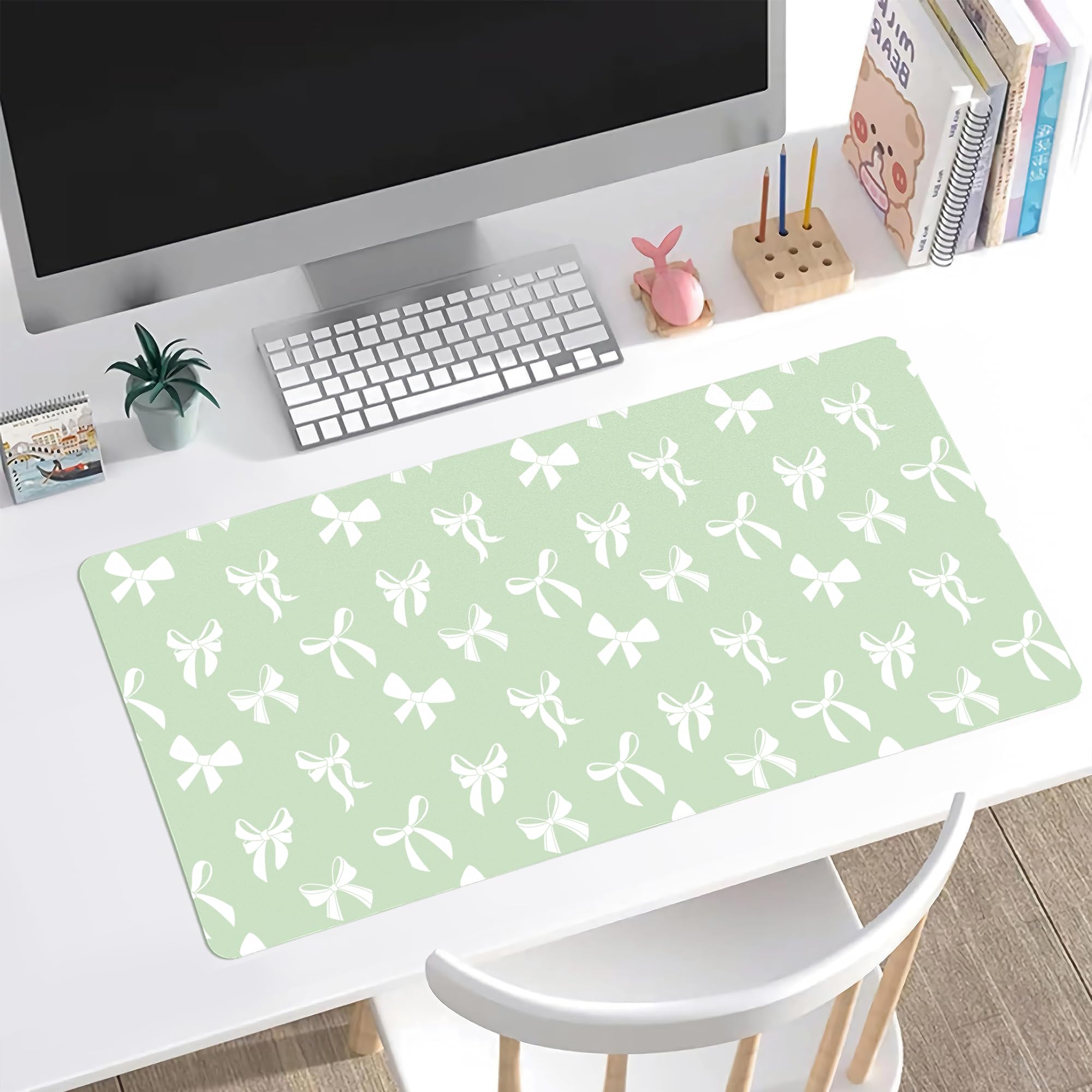 Idocolors Pink Bunny Tulip Desk Mat, Cute Extended Gaming Keyboard Mouse Pad, Large