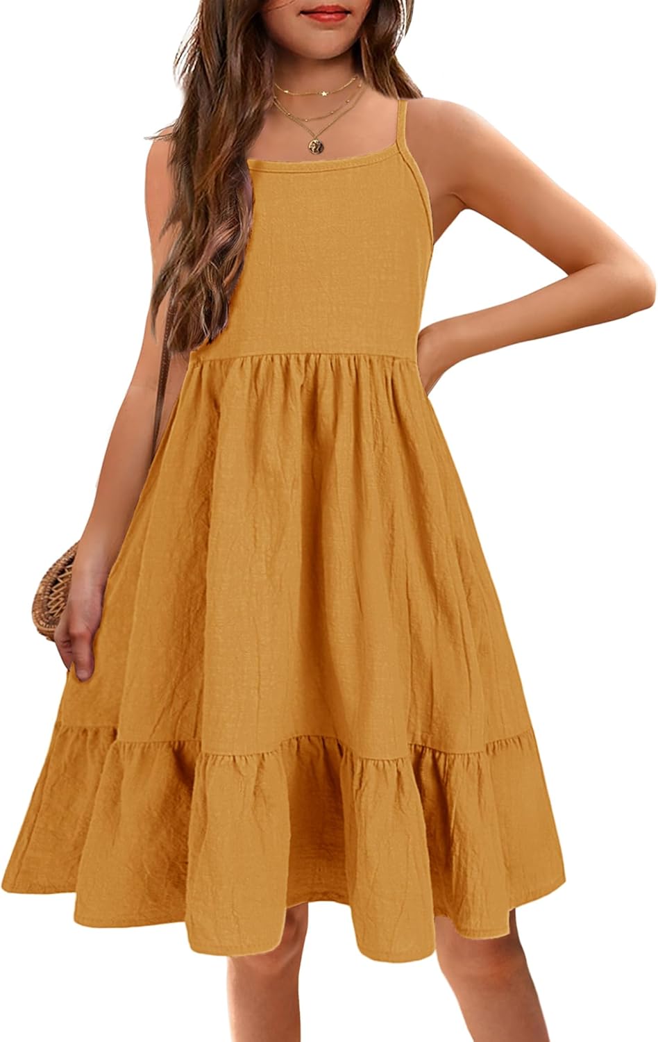 Arshiner Girl's Summer Sundress Spaghetti Strap Solid Linen Midi Dress Casual Cami Dresses