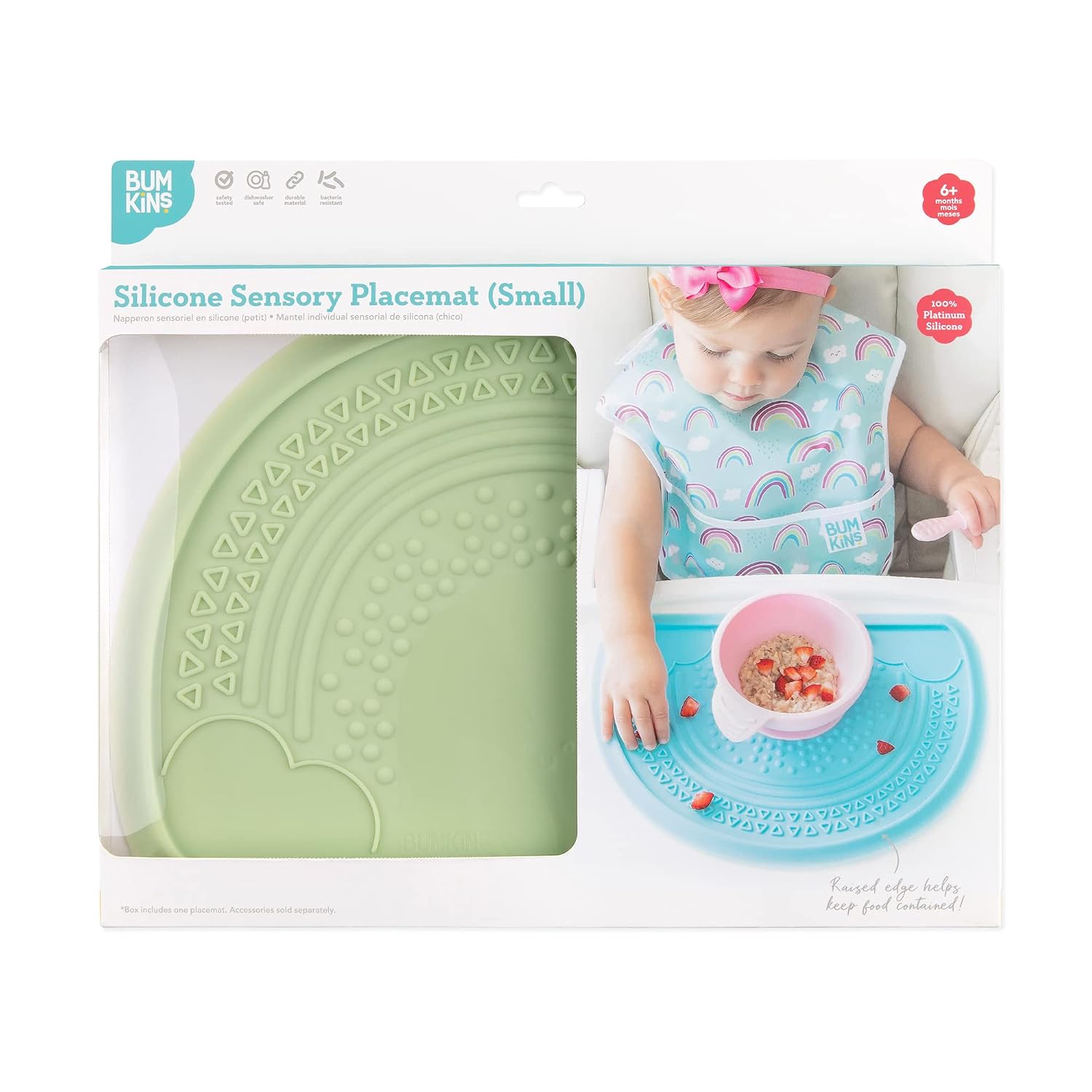 Bumkins Baby Silicone Sensory Placemat, for Babies and Toddlers, Suction Mat for Restaurants, Stick On High Chairs and Tables, Eating Finger Foods, Baby Led Weaning Essentials, Ages 6 Months Up, Sage
