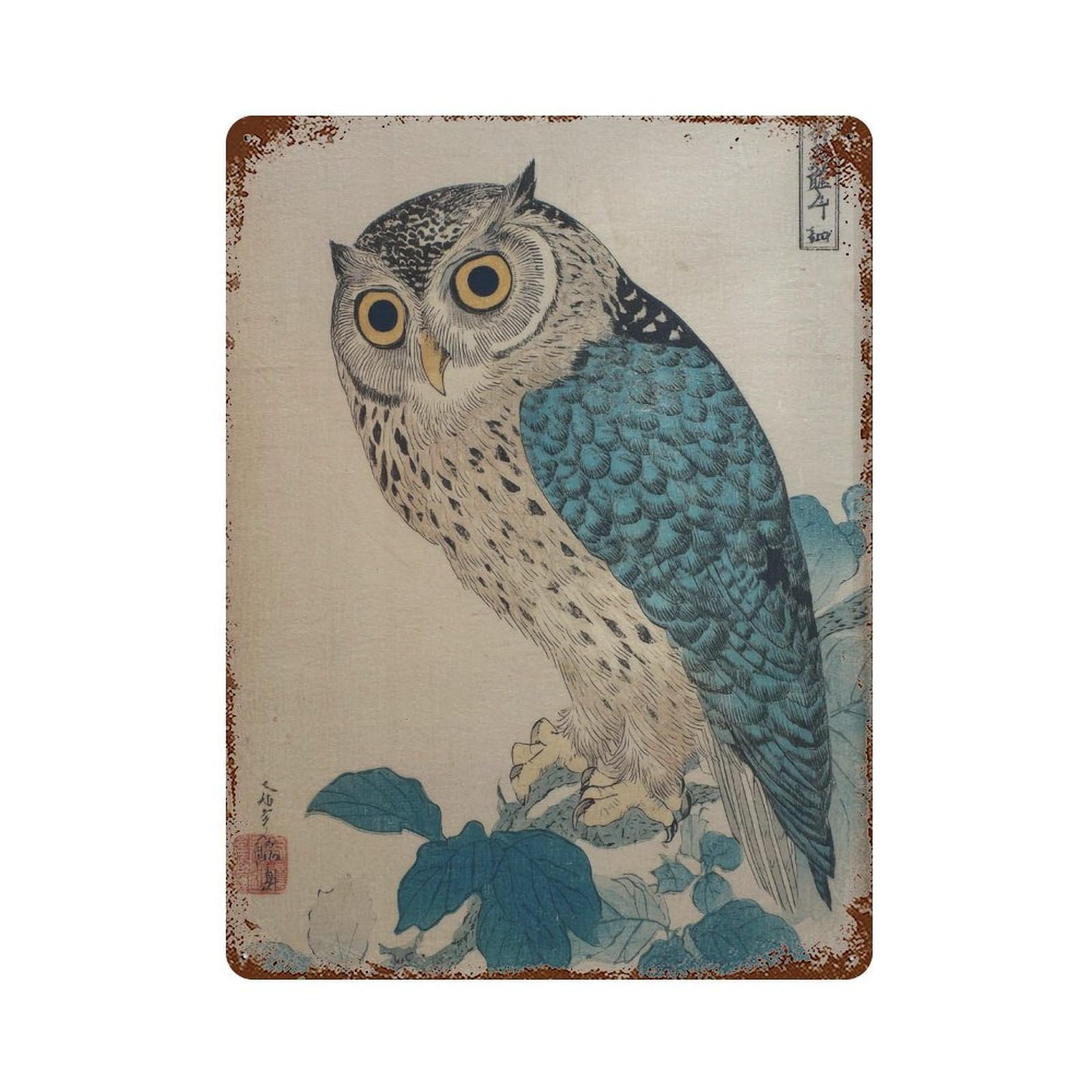 xiaoxiaoshen Japanese Owl Japan Oriental Traditional Woodblock Style. Zen Nature Home Decor Wall Decor Art Metal Tin Poster Modern Home Decor Art Home Bar Shop Decorations Vintage Sign 40x30cm