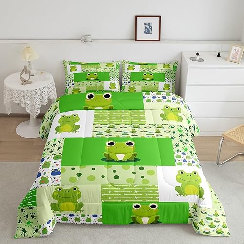 Juego de edredón de rana verde, edredón tropical de anfibios para niños, niñas, adolescentes, juego de ropa de cama con estampado geométrico de