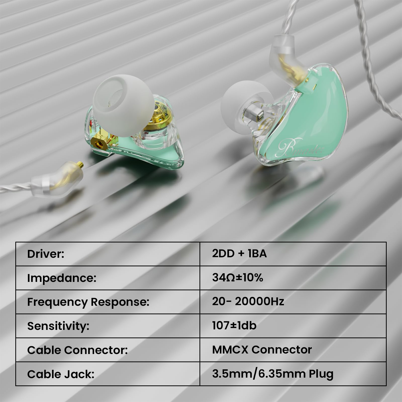 BASN Bmaster - Cuffie intrauricolari con monitor IEM a triplo driver, con bassi potenti, isolamento acustico, Hi-Fi, stereo, con cavo, per musicisti, cantanti, batteristi (verde acqua)
