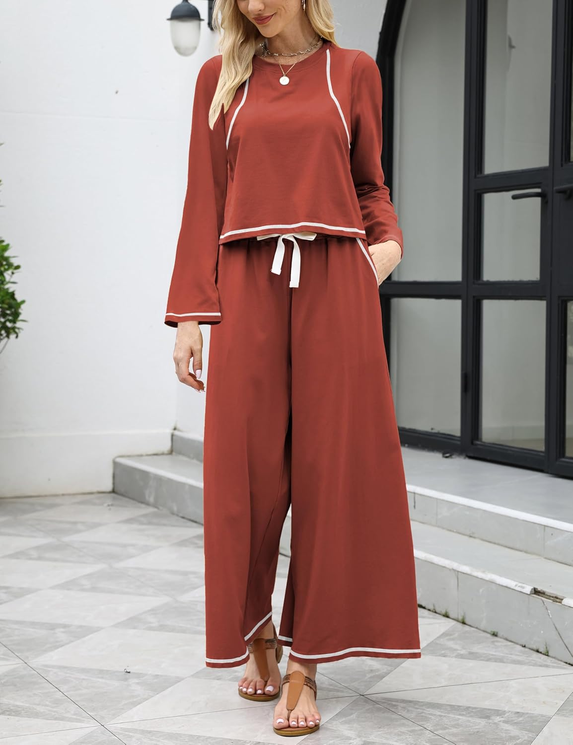 Women’s Lounge Set 2 Piece Outfits Relaxed Fit Long Sleeve Top Wide Leg Pants Matching Sets Casual Travel Clothes - Image 4