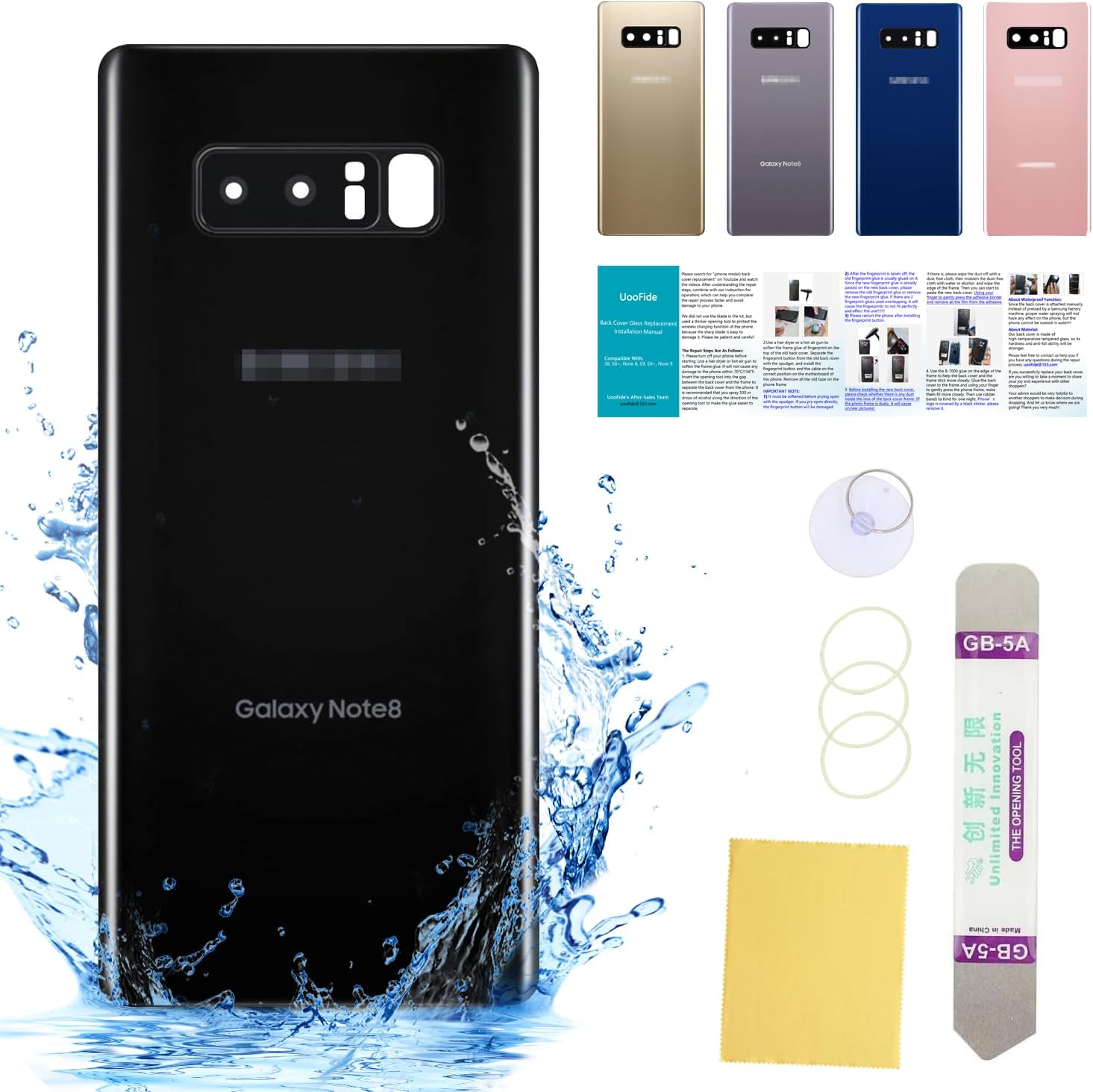 Compatible for Samsung Galaxy Note 8 Back Cover Glass Replacement 6.3-Inches SM-N950 All Carriers with Installation Manual + Repair Tool Kit (Black)