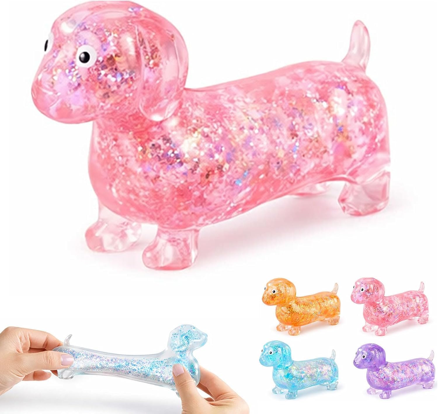Dachshund Squishy Stress Toy, Dog Weiner Squishy, Ultra-Soft Touch Cute Sparkly Sausage Dogs Stress-Relieving for Adults (Pink)