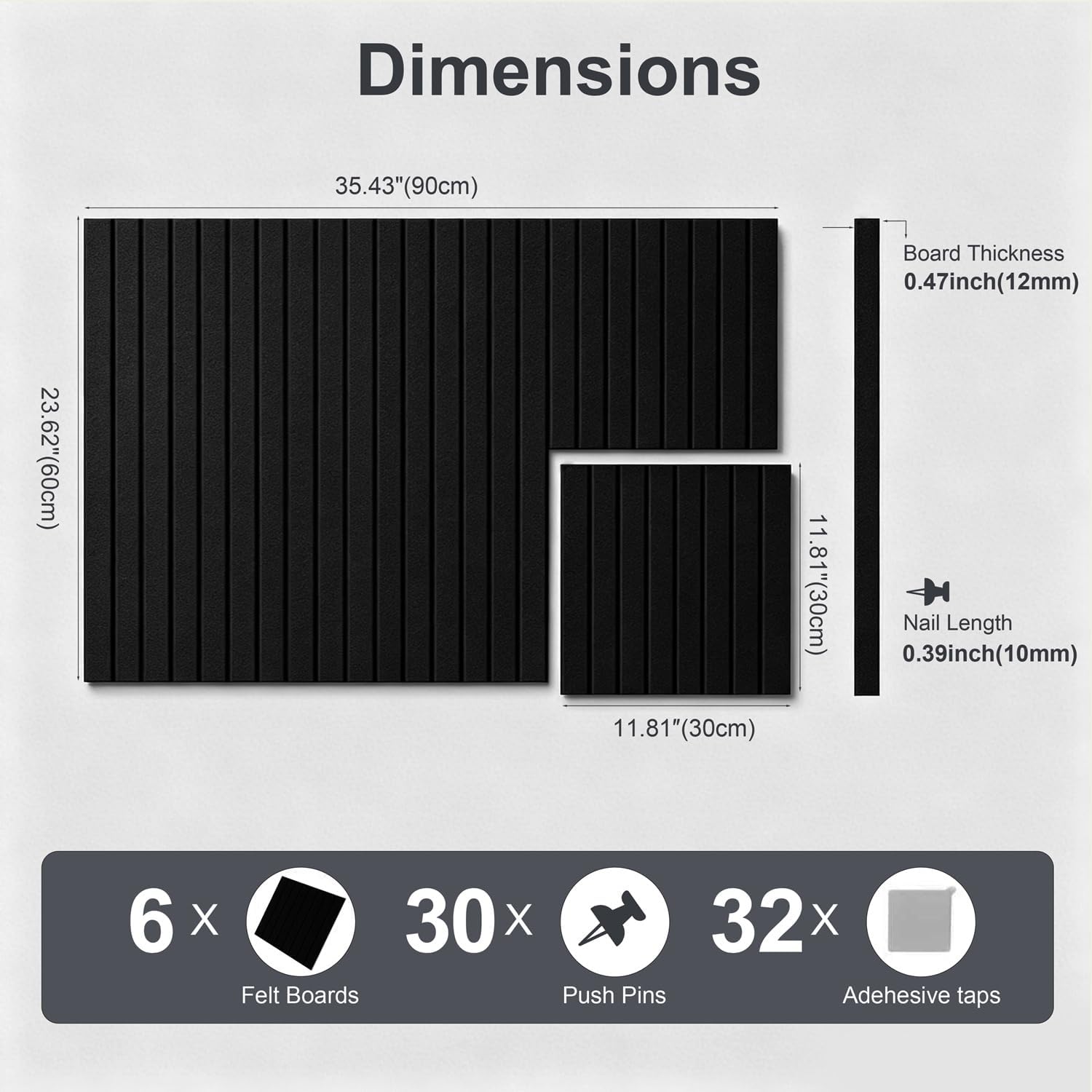 0.47" Thick Felt Pin Board 36"x24" Large Cork Board Alternative 6 Pack 11.81"x11.81"Felt Bulletin Board Wall Tiles Notice Board with 30 Pushpins for Home Office School(Fine-Black)