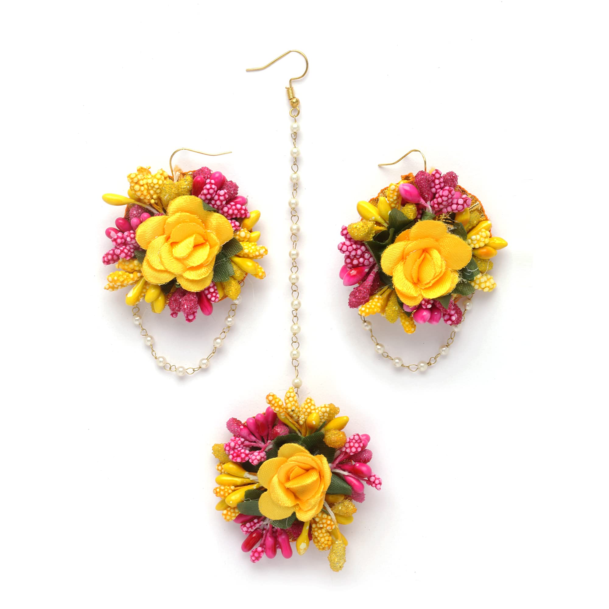 Women's Gold-Plated Pearl & Gota Patti Flower Haldi Mehandi Maangtikka with Earrings