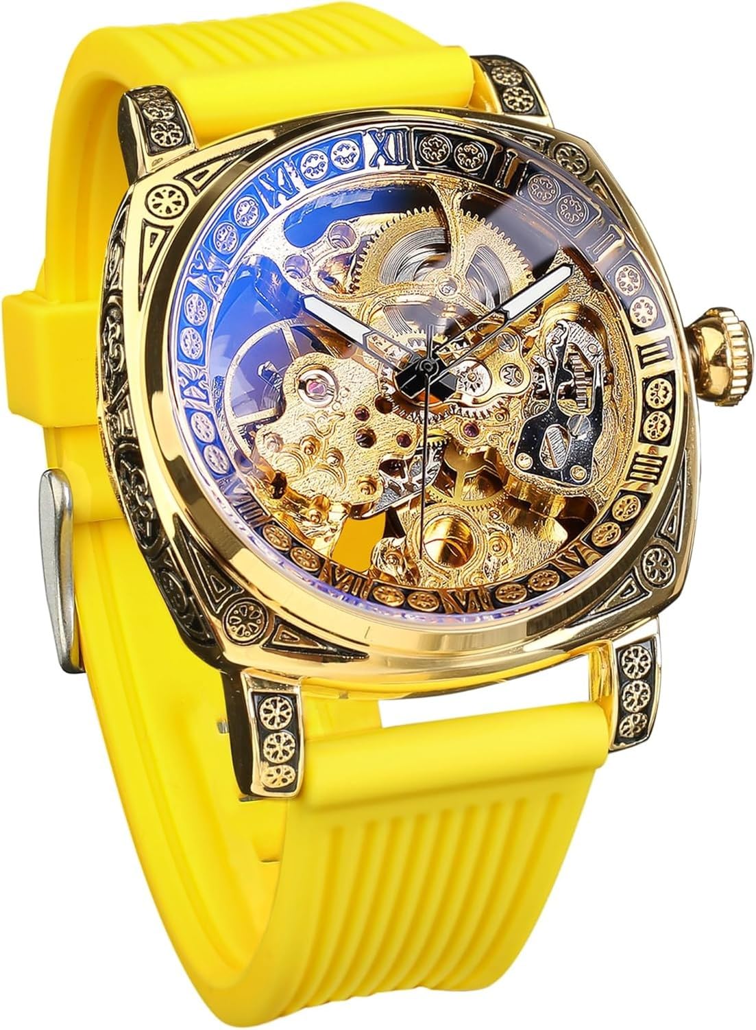 Wuufake Wrist Watch for Men Black Numeral Dial Square Stainless Steel Retro Vintage Skeleton Automatic Self-Wind Leather Strap Timepiece, Yellow_new