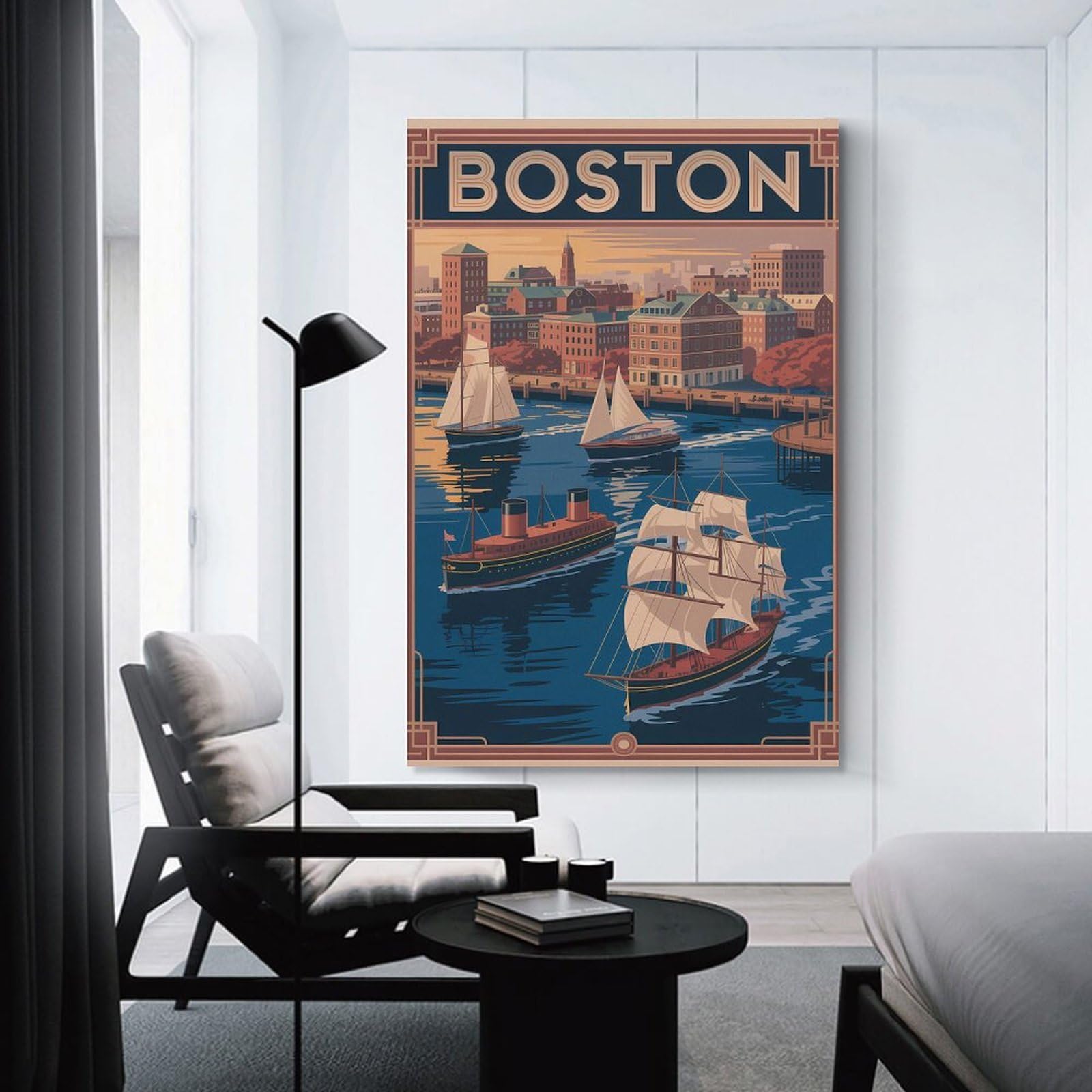 Junmoney Canvas Wall Picture Boston Cityscape Vintage Travel, 20x30inch(50x75cm), for Front Hall, Corridor Or Welcome Spaces, Decorative Wall Art for Narrow Spaces