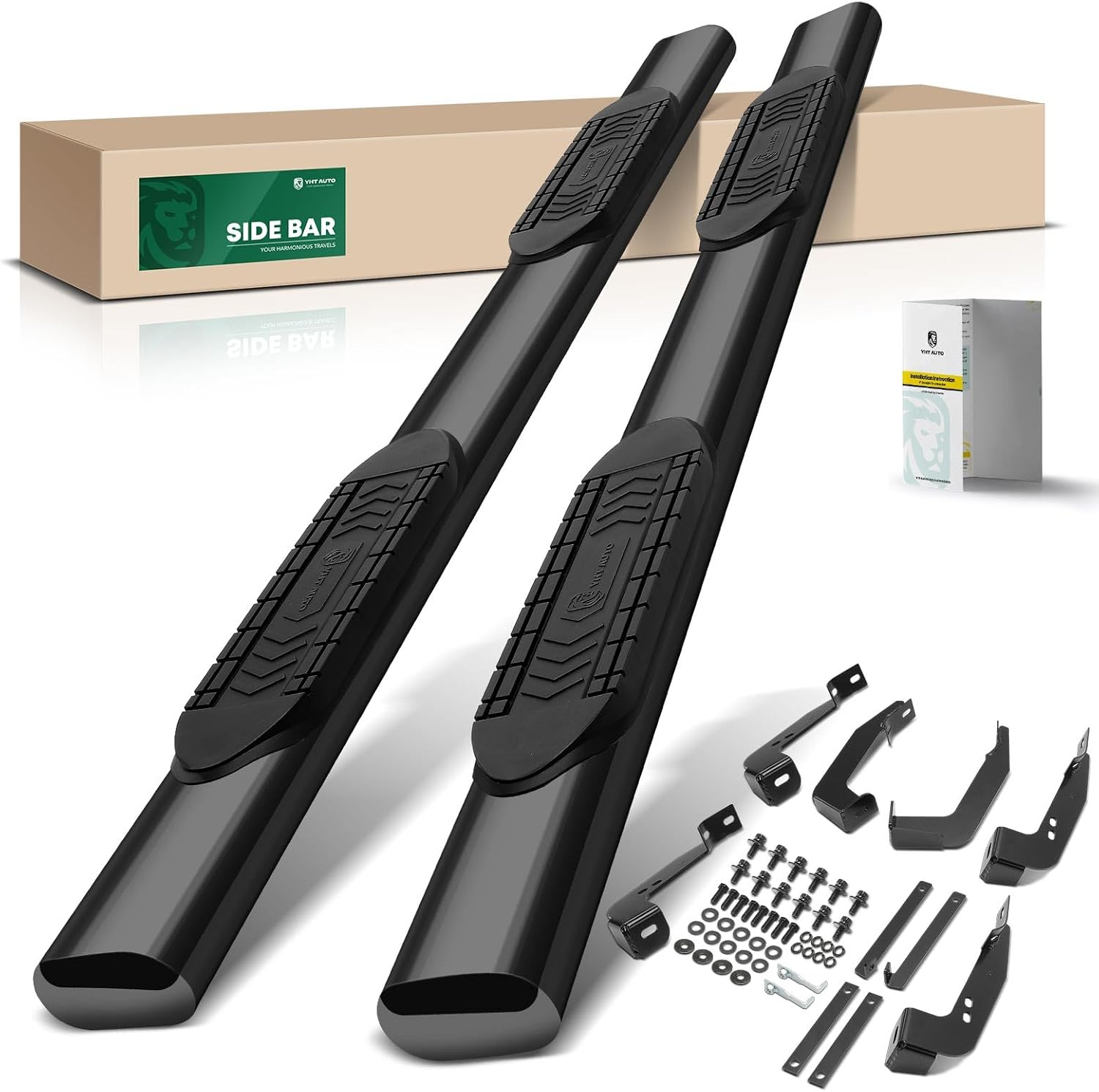 YHTAUTO 6 Inch Running Boards Side Steps Compatible with Chevy Silverado & GMC Sierra 1500/2500 HD/3500 HD 2001-2013, Crew Cab, Oval Straight Carbon Steel Black Powder, Truck Cab Side Step Rails