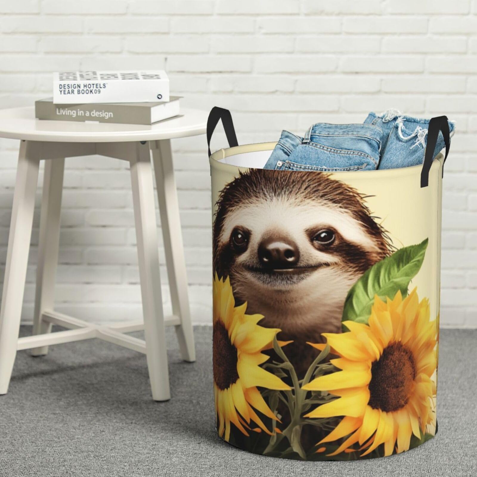Fodpand Black Sloth Sunflower Laundry Basket With Handle, Freestanding Laundry Hamper, Collapsible Dirty Clothes Hamper, Waterproof Fabric Blanket Storage Basket Tall Toy Storage Bin Room Decor Medium