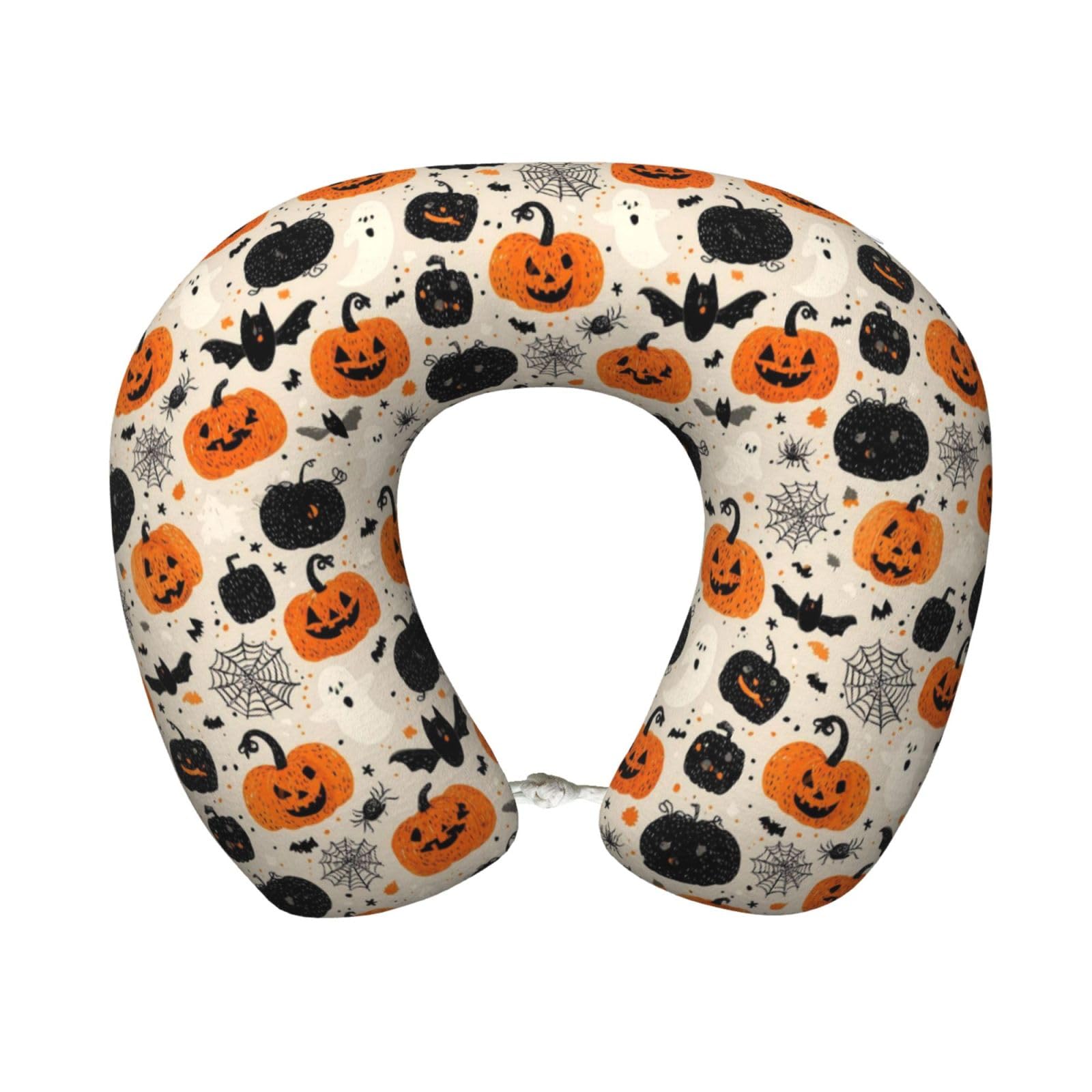 peiyeety Halloween Print Travel Pillow Memory Foam, Portable Neck Pillow for Airplane, Car and Office