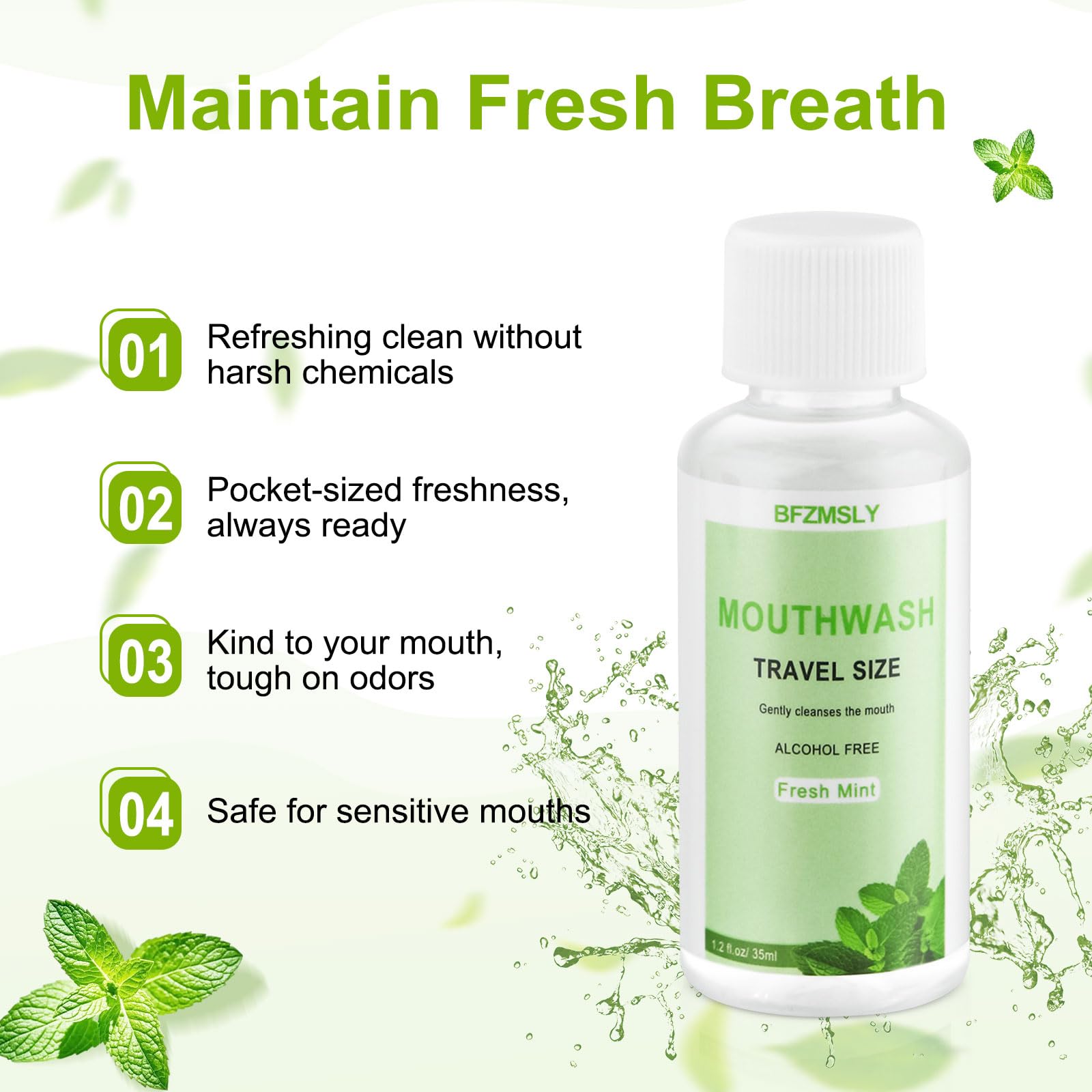 Enjuague bucal tamaño viaje, 1.2 oz/1.2 fl oz, mini enjuague bucal, sin alcohol, enjuague oral portátil para viajes, hoteles, sobre la marcha (menta) (50) 3