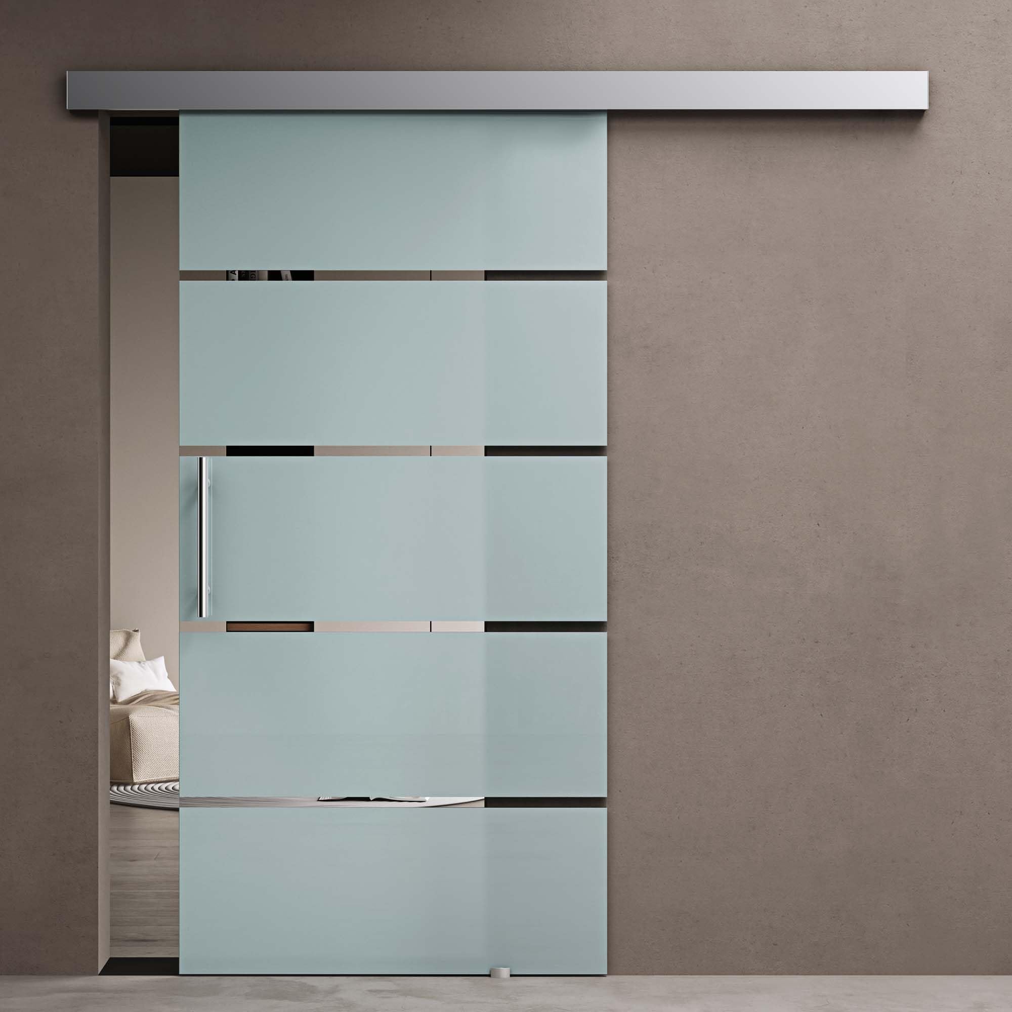 doporro Porta Scorrevole per Interni in Vetro Satinato a Righe 90x215 cm con Binario in Alluminio | Chiusura Ammortizzata e Distanziale da 25 mm - Amalfi13