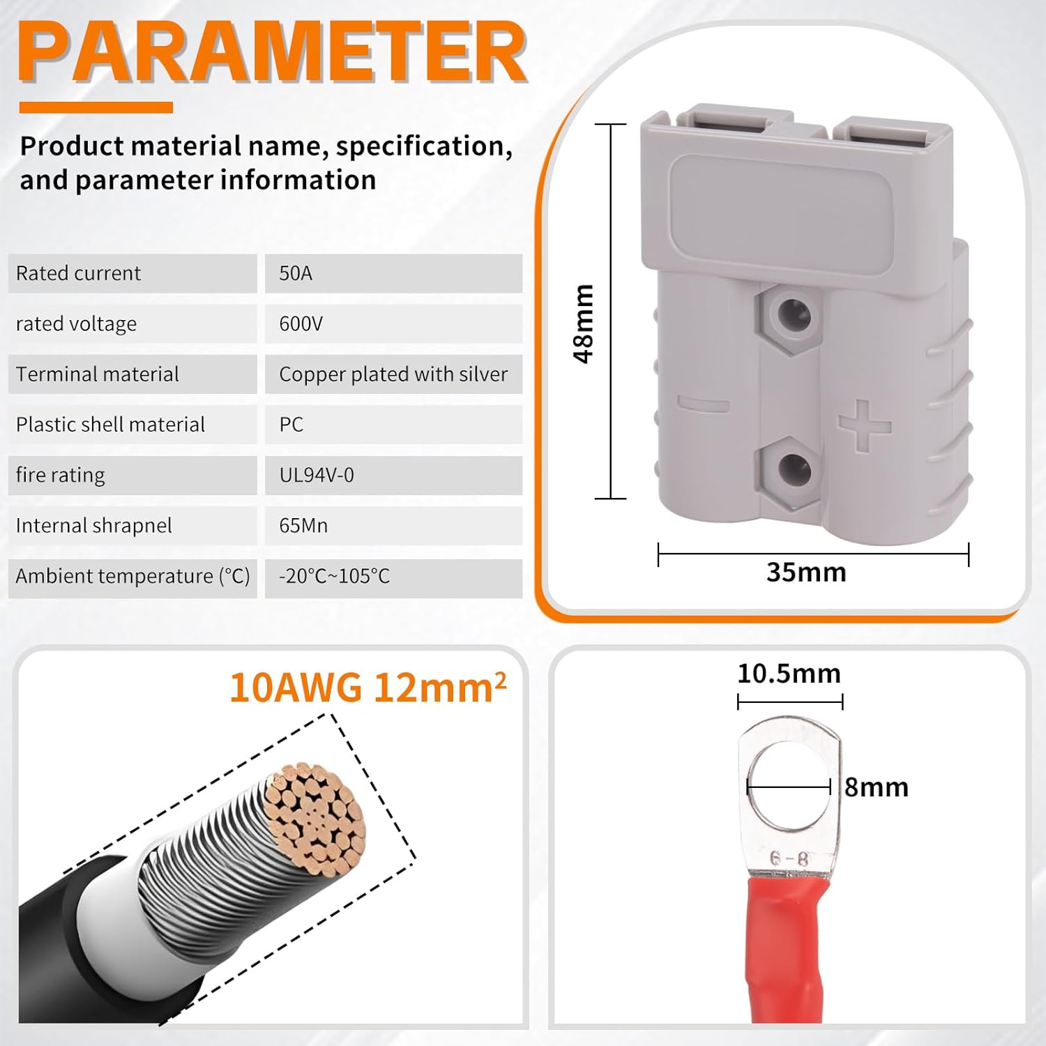 4Pcs 50A Anderson Style Battery Connector Cable 10AWG 1FT Quick Disconnect Power Wire with Silver Plated Terminals Compatible with Anderson Plug for Winch LiFePO4 Battery Solar Golf Cart Trailer