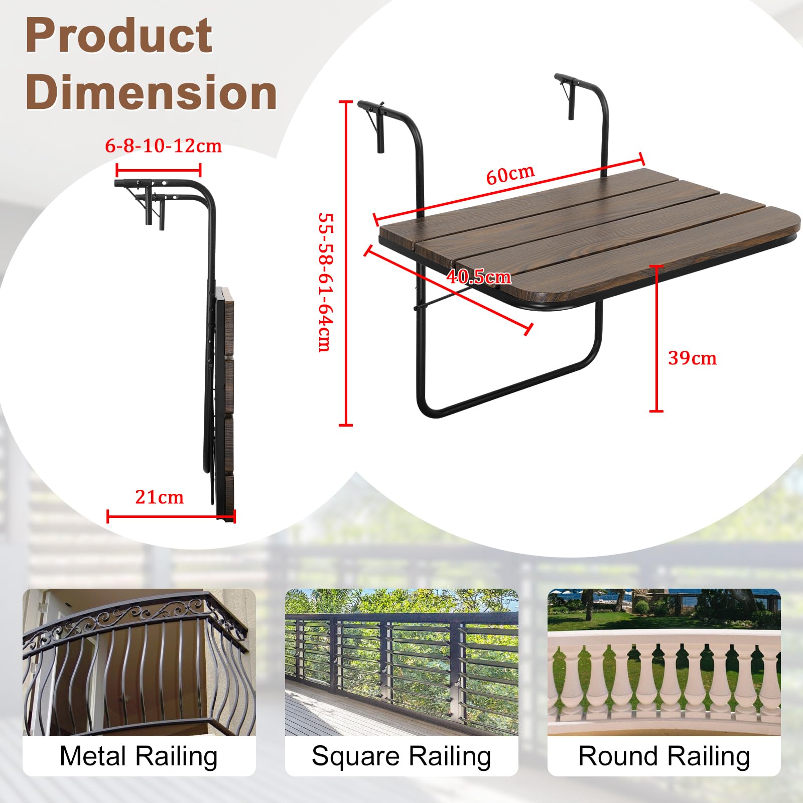 Table de bar pliante pour balustrade de balcon, table de bar réglable à suspendre, table de bar pour extérieur, intérieur, patio, balustre, table de jardin sur balustrade, marron rustique