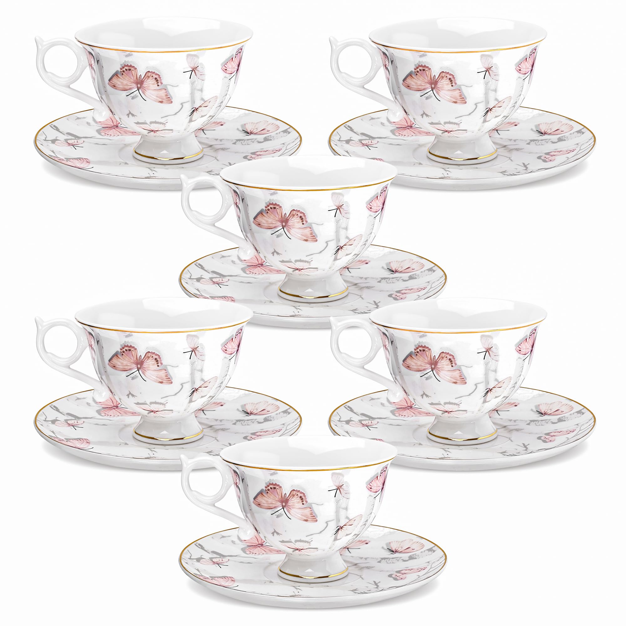 fanquare Elegantes Teetassen und Untertassen 6er Set mit Rosa Schmetterling,180ml Kaffeetassen mit Goldrand Porzellan Teetasse Spülmaschinen und Gefriergeeignet für Frühstück Nachmittagstee