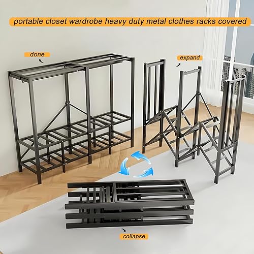 Miniatura 5 de Armario portátil de 49.2 pulgadas para colgar ropa, perchero plegable resistente con tapa, gran cubierta, armarios plegables independientes,