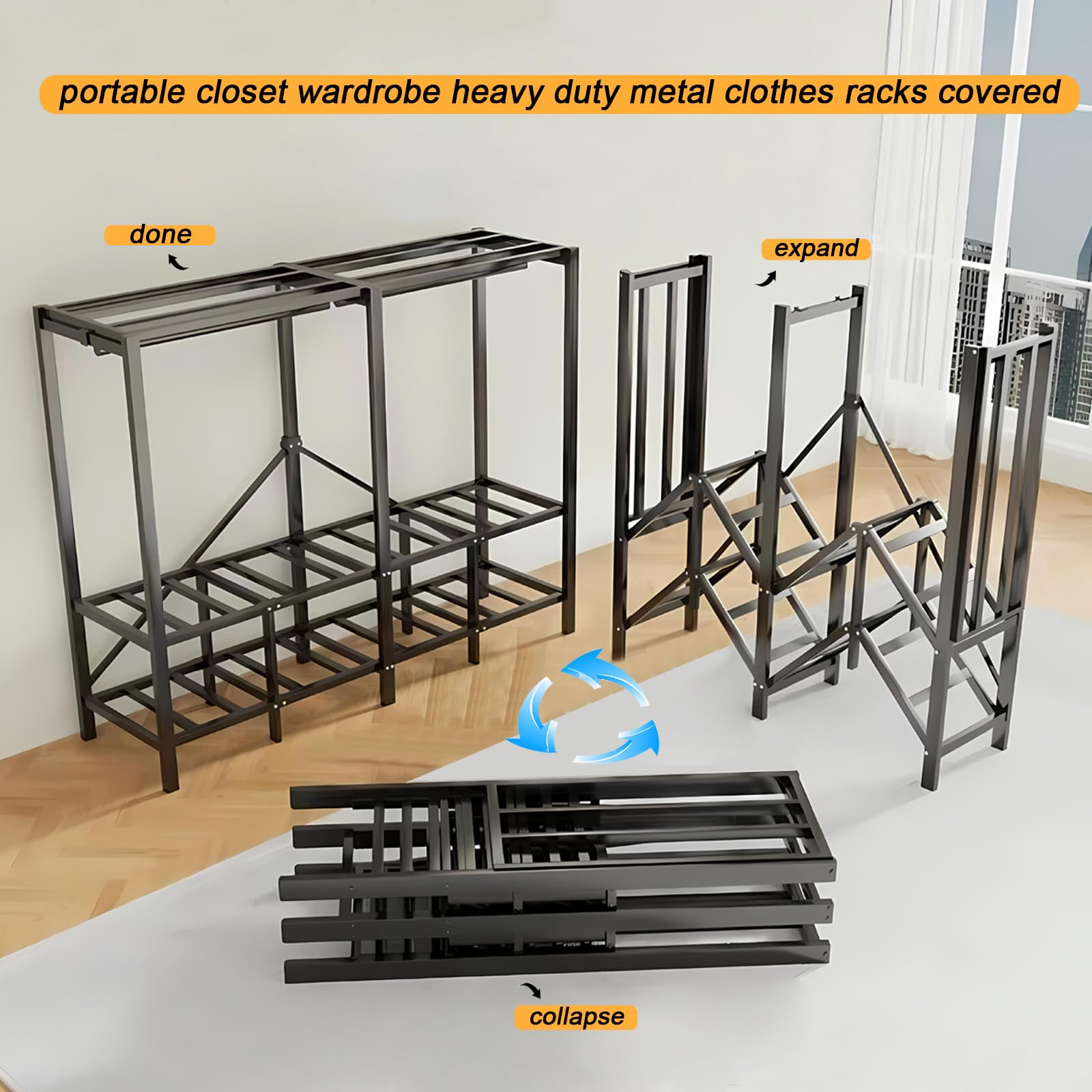 Armario Plegables Portátil, Armarios de Tela con Ruedas y 2 Barras de Colgar, Armario de Tela Almacenamiento Multifuncional de Gran Capacidad, Carga de 907 kg, para Dormitorio (D, gray door, 100cm)