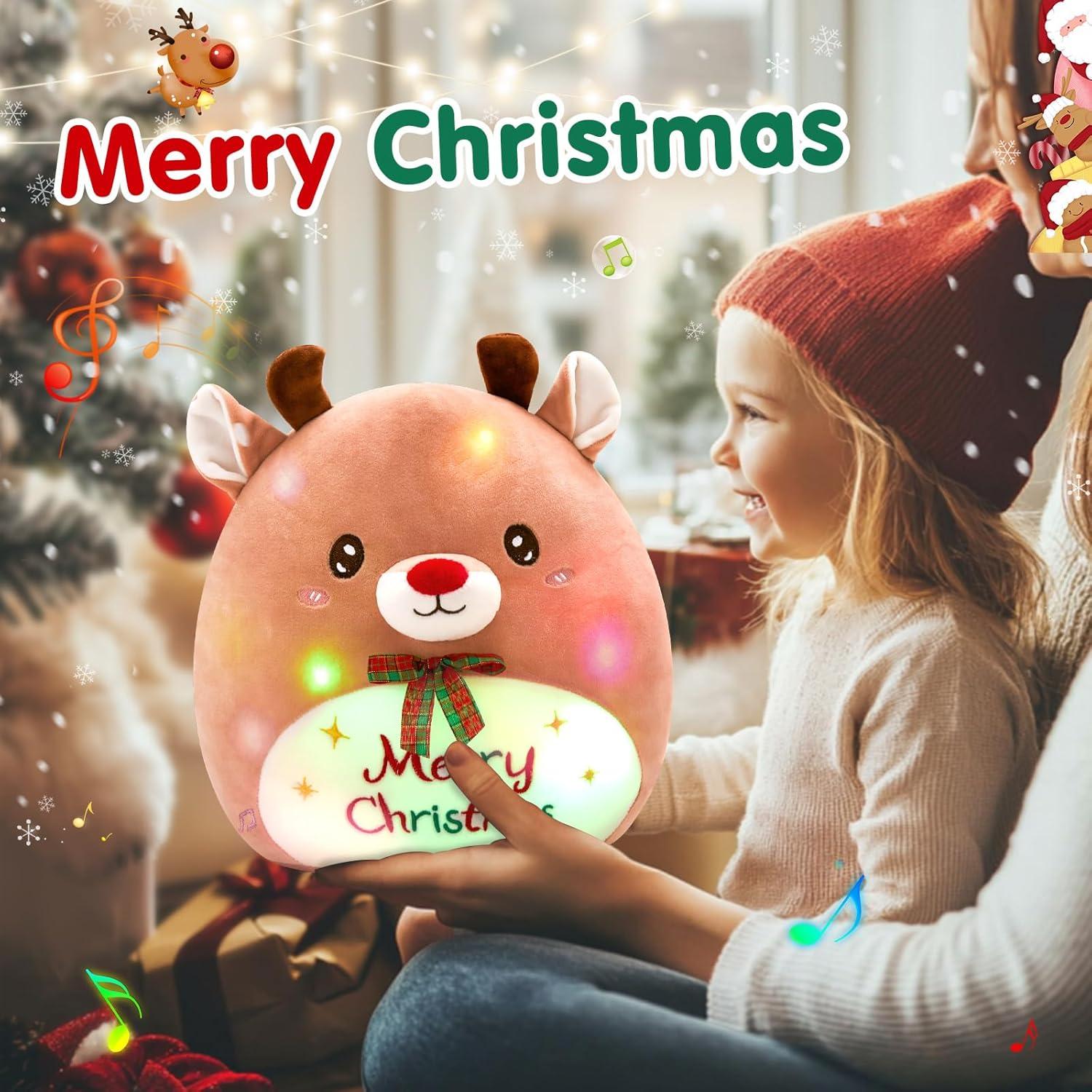 Glow Guards 12'' Light up Musical Rudolph The Red Nosed, Christmas Reindeer Plush Pillow, Glowing Singing Stuffed Animal Toy, Christmas Deer Plushie Xmas Gift Decor for Kids Boys and Girls