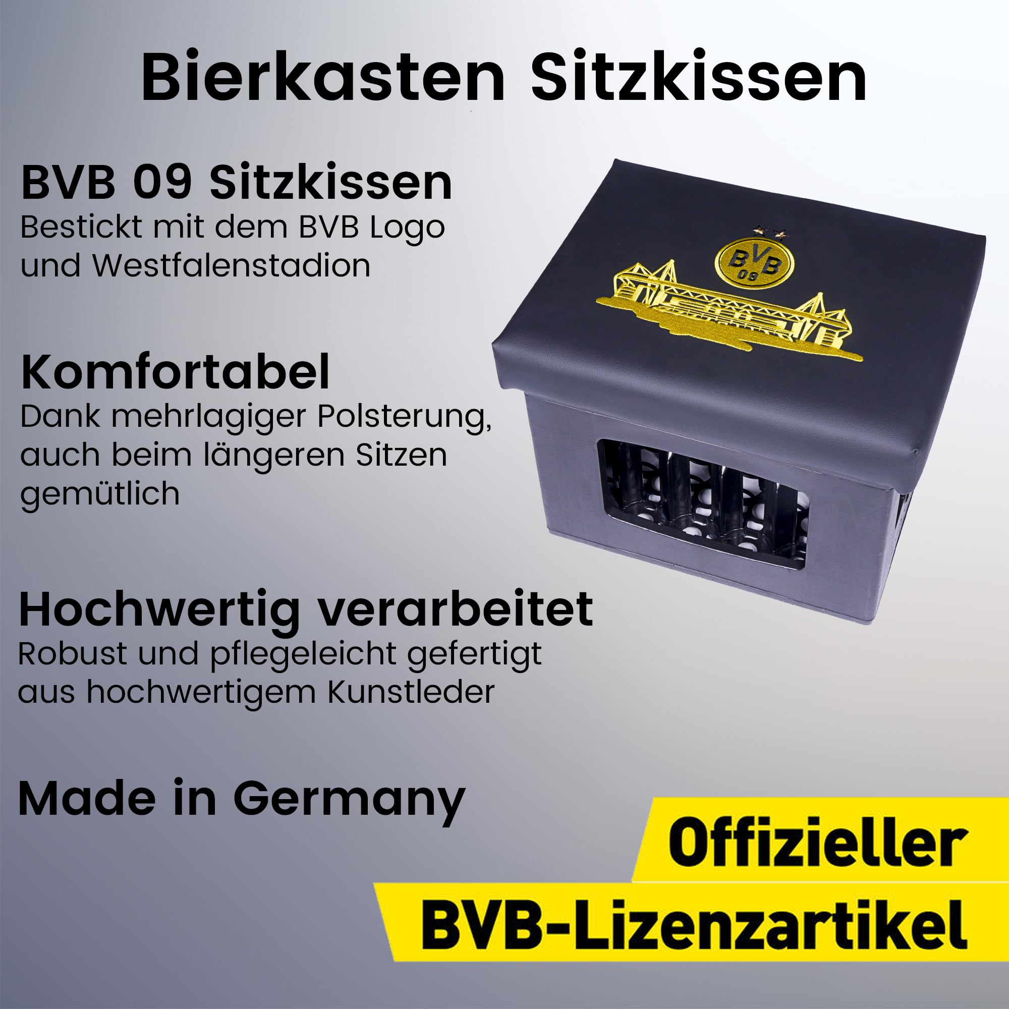 BVB Bierkastensitz aus Kunstleder 42x32x6,5 cm [höchster Sitzkomfort] Bierkasten Sitzauflage als BVB Fanartikel für Garten, Partykeller oder unterwegs, Borussia Dortmund Geschenke für Männer