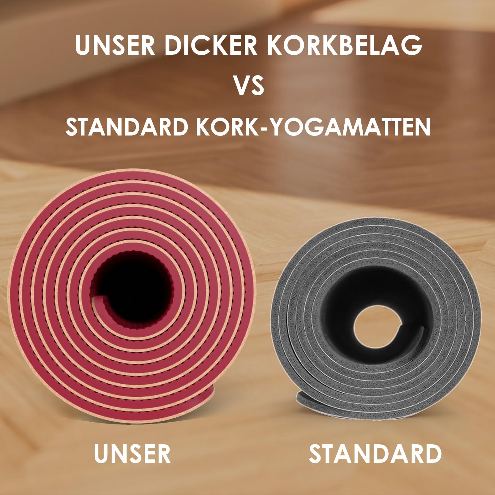 Yogamatte Kork – Rutschfeste Yoga Matte, Einzigartiges Design, Naturkautschuk TPE Gymnastikmatte, Trainingsmatte mit Tragetasche & Gurt, für Zuhause, Pilates, Aerobic Fitnessstudio und Workout