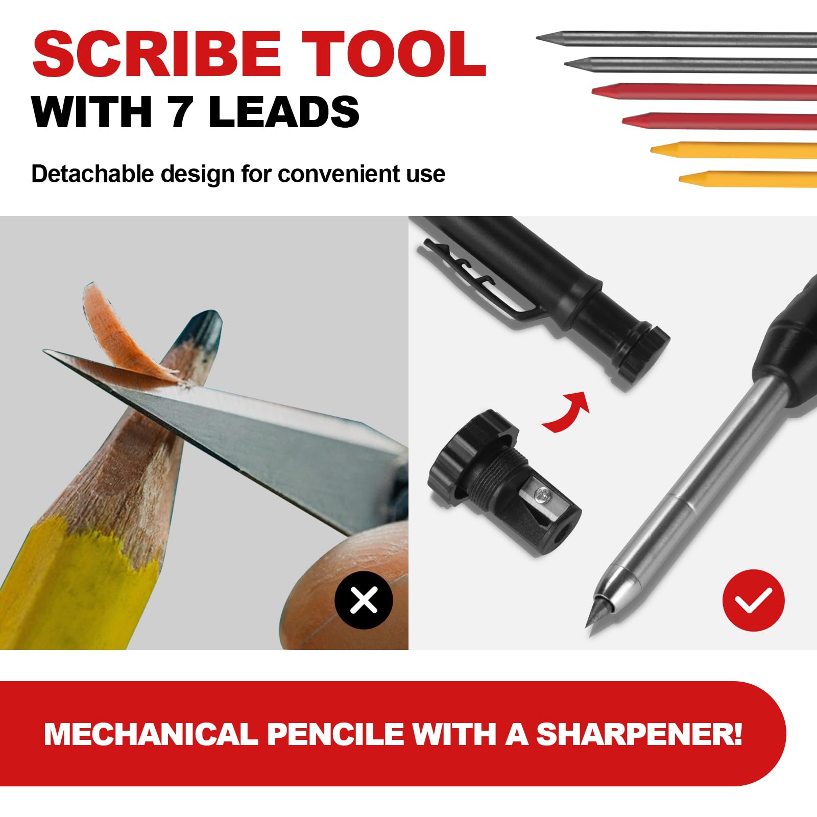 Multi-Function Scribing Tool, Aluminium Alloy Scribe Tool With 7 Leads Carpenter Pencils, Deep Hole Pencil With Sharpener For Woodworking, Gauge Scriber Line Maker, For Men's Architectural DIY Gifts — Amazon image 3