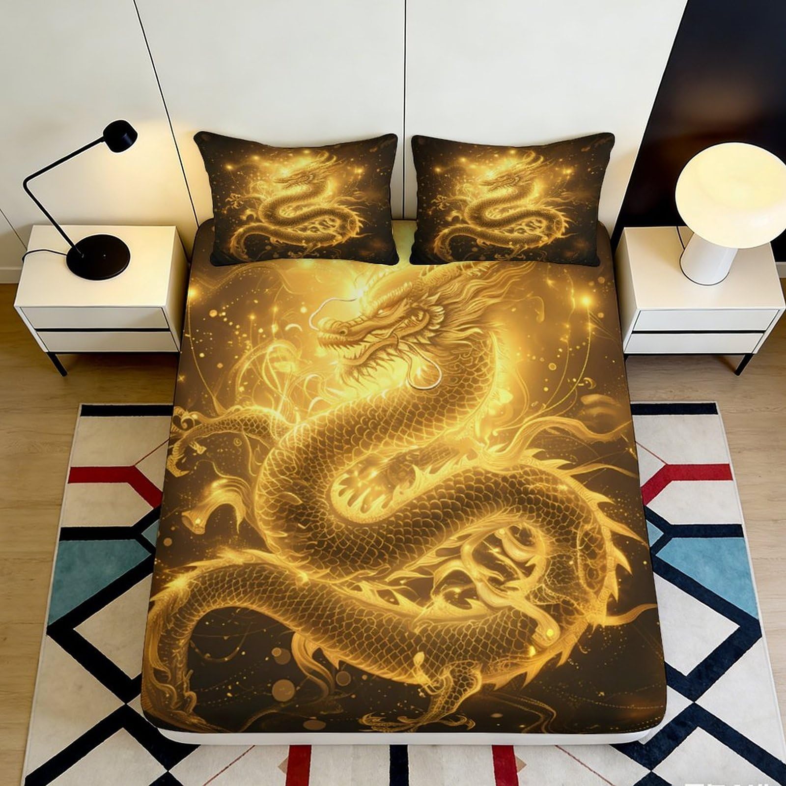 3D Printed Golden Dragon Fitted Sheet Microfiber Soft Breathable 3D Printed Glowing Dragon Mattress Cover for Bedroom Dormitory Guest Room Protection 200x200x25cm